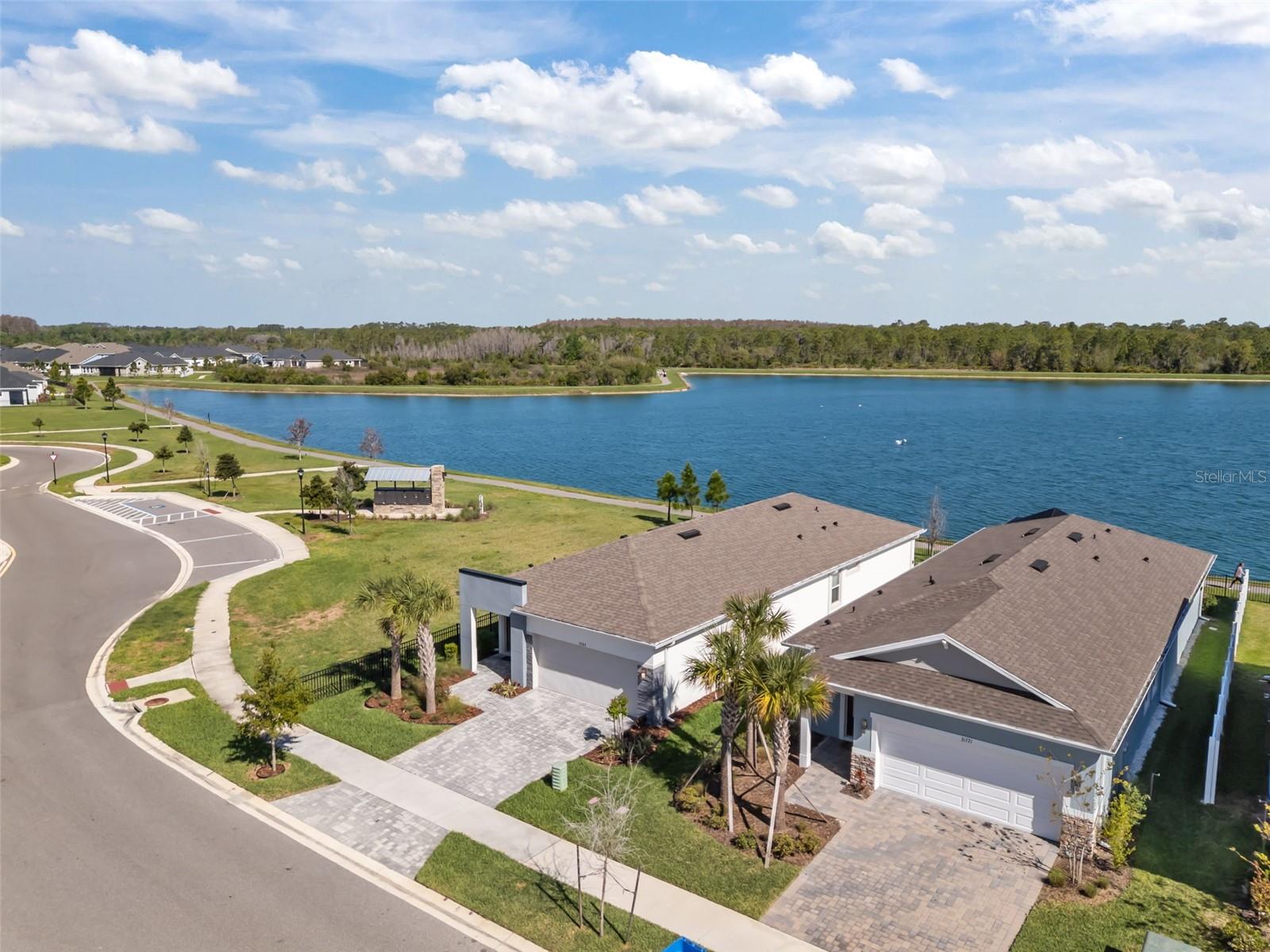 Aerial perspective showing the home’s location at the back of the neighborhood.