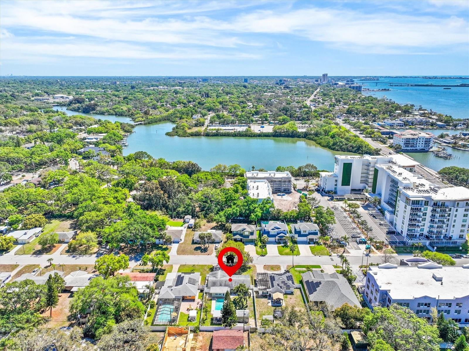 Aerial view showcasing prime location just moments from the water