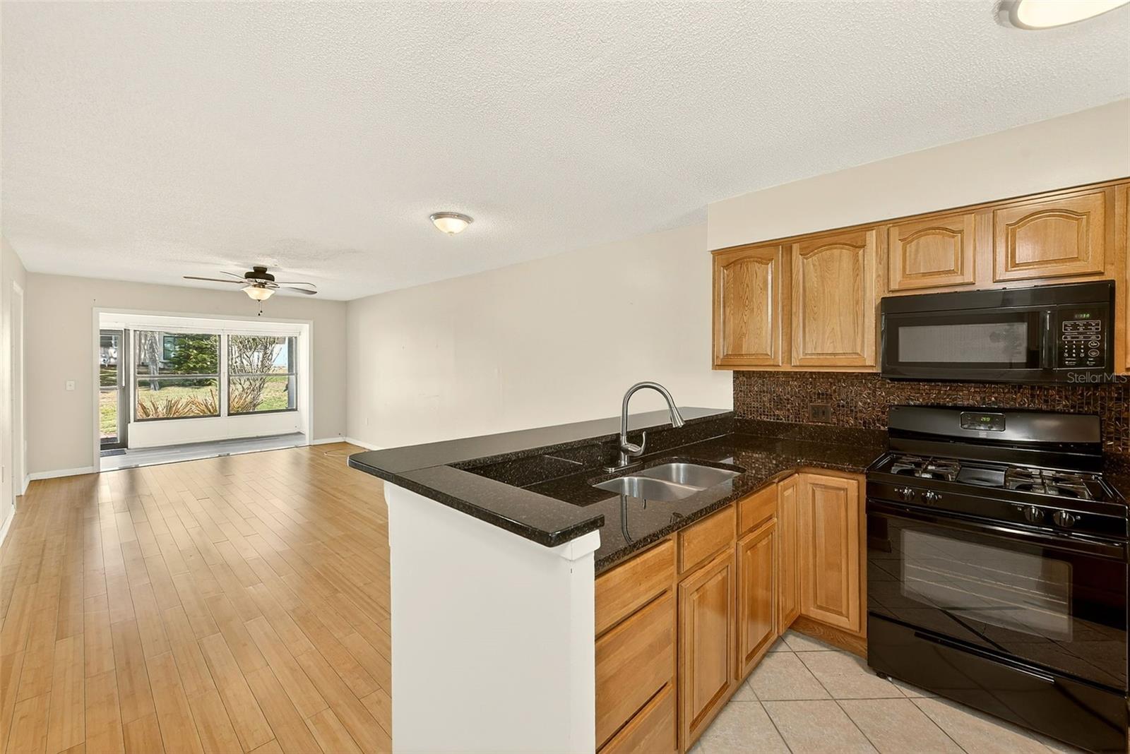 kitchen, living and dining room