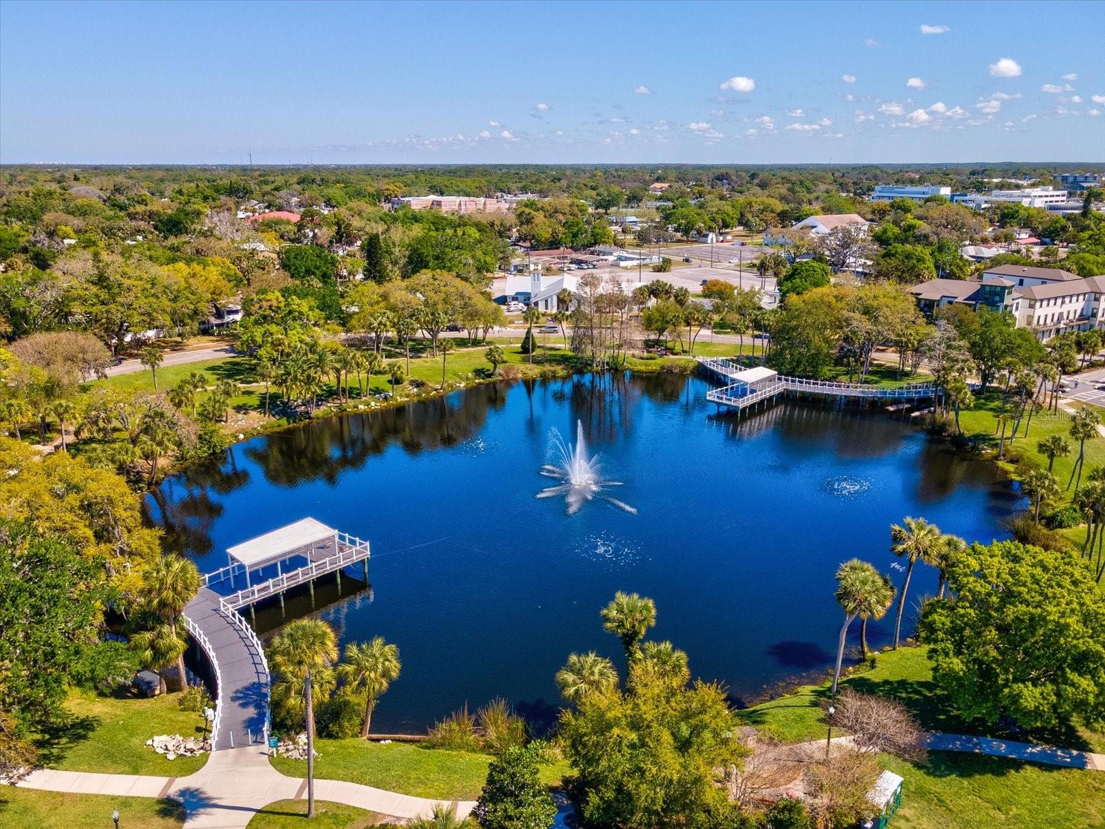 Sims Park in Downtown New Port Richey is a scenic riverside space with a playground, splash pad, fitness equipment, and an amphitheater. It hosts events like Free Family Movie Nights, Concerts in the Park, and major seasonal celebrations. Leashed dogs are welcome in the park and around Orange Lake.