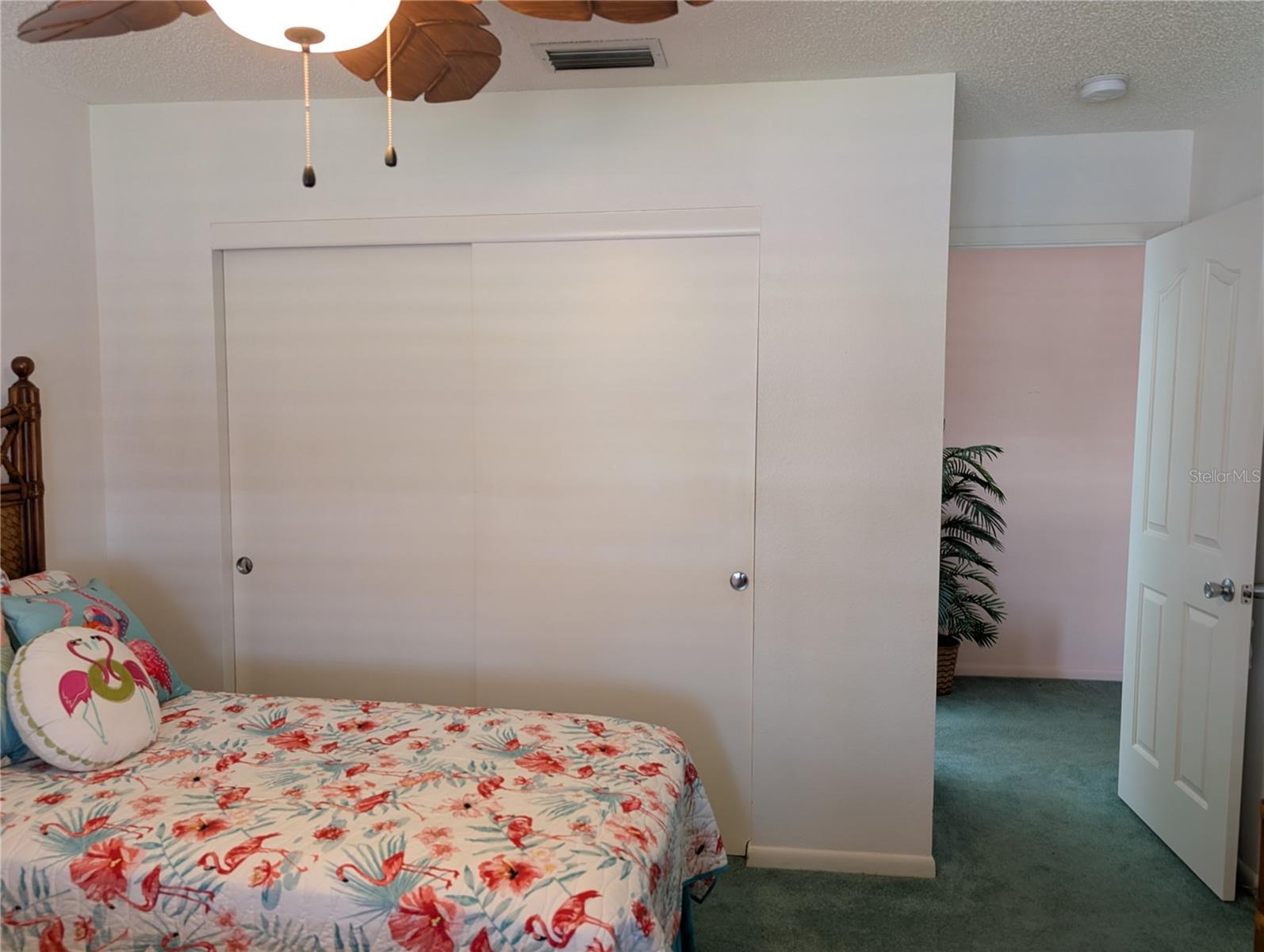 View of spacious wall closet and entry to living area.
