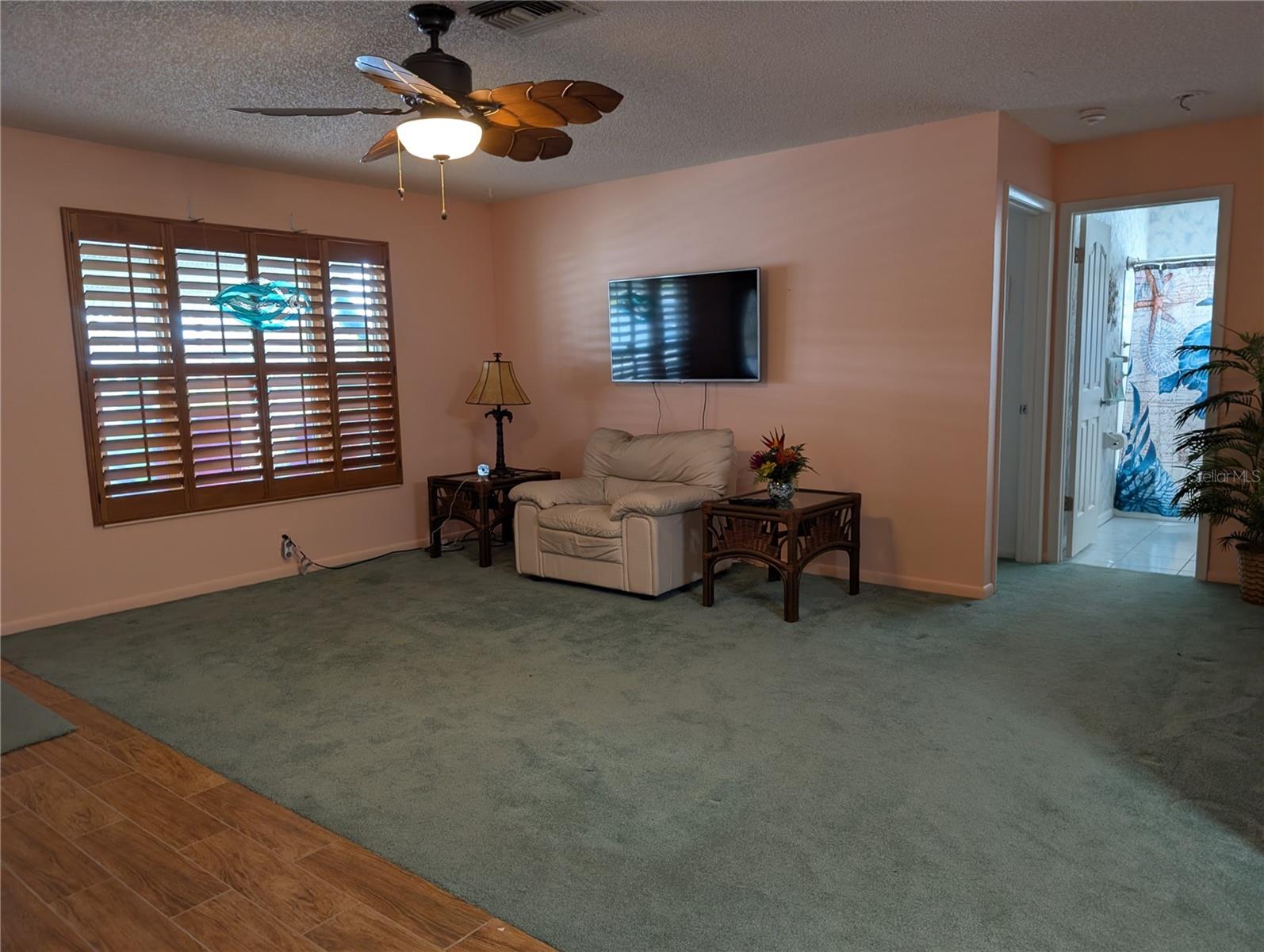 Living room is partially carpeted and partially tiled.