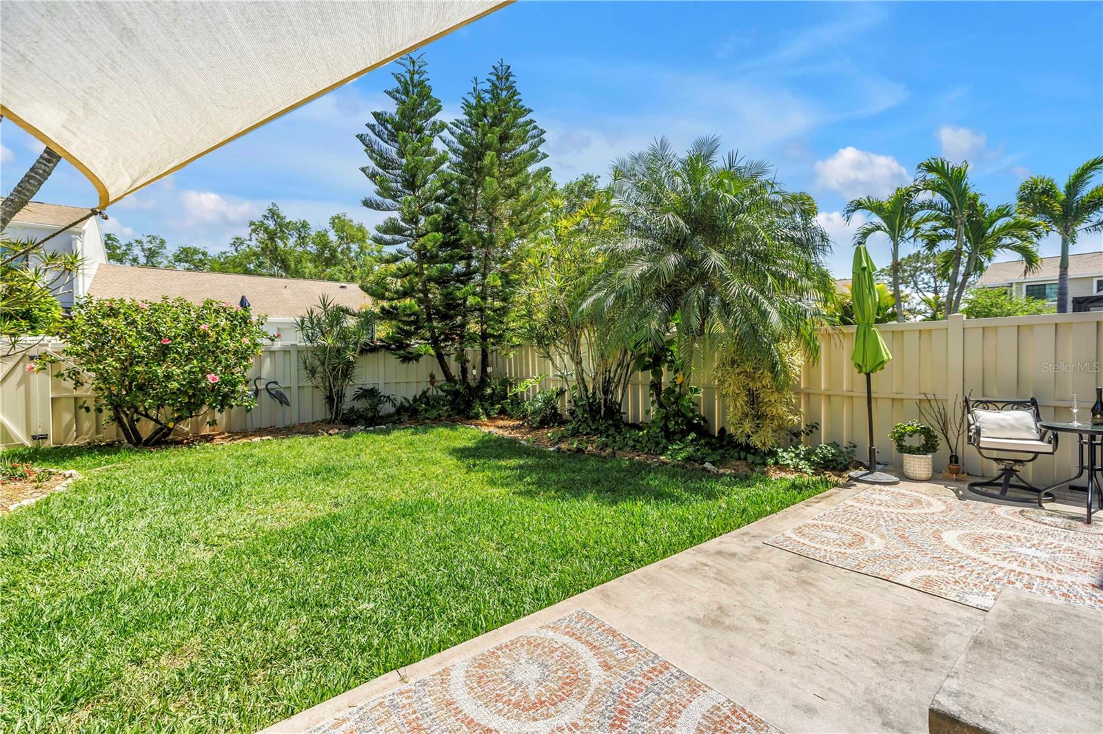 Manicured Private Backyard, Fenced.  Large Patio Space for Dining al Fresco, Lounging, Dog and Gardening Friendly.  Lots of Expansion Possibility
