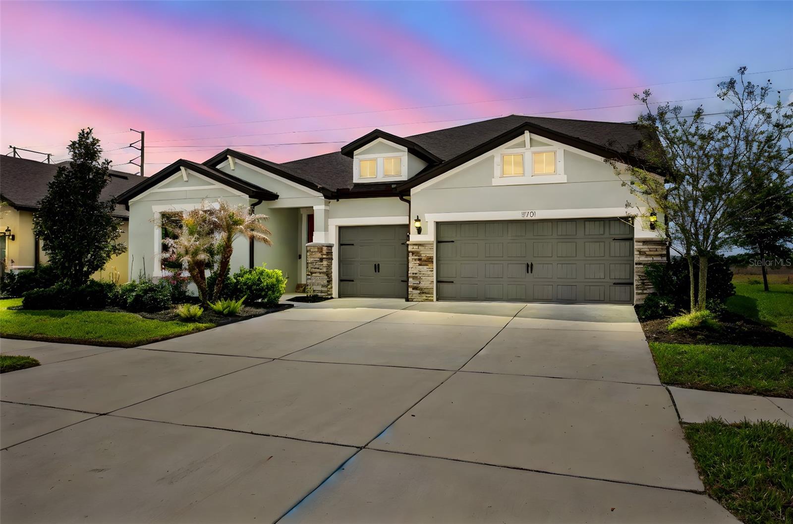 Front elevation at twilight