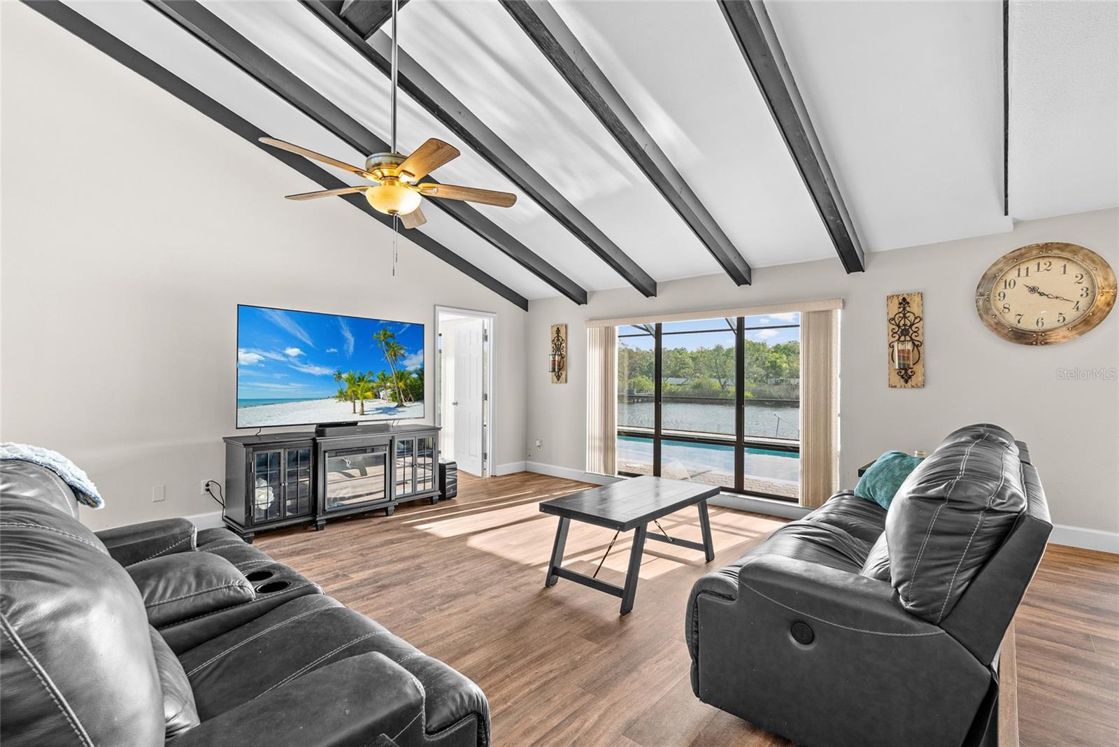 Vaulted ceilings and an open feel to this home.  Water views everywhere!