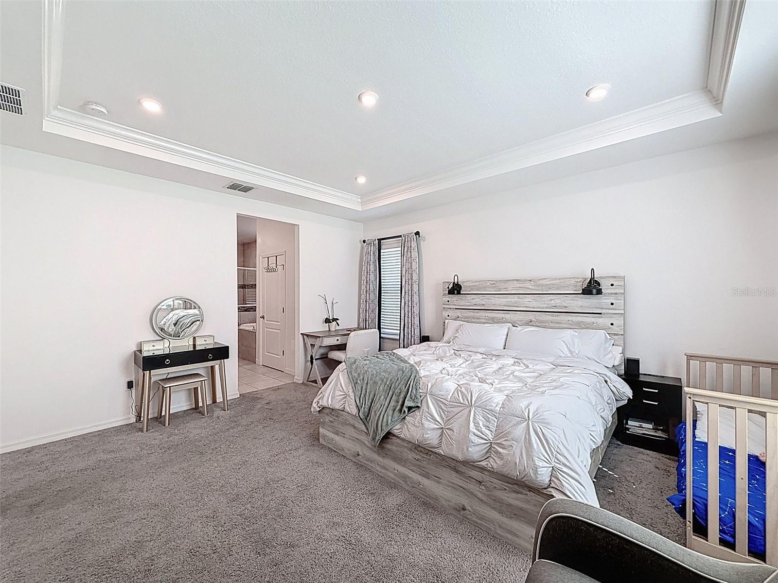 Spacious primary suite with elegant tray ceiling