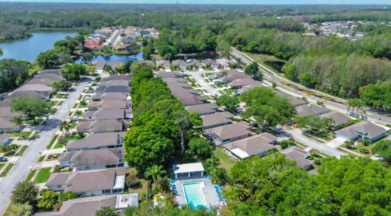 View of Wyndtree Village III, community pool, distant pond view and Brooker Creek Preserve.