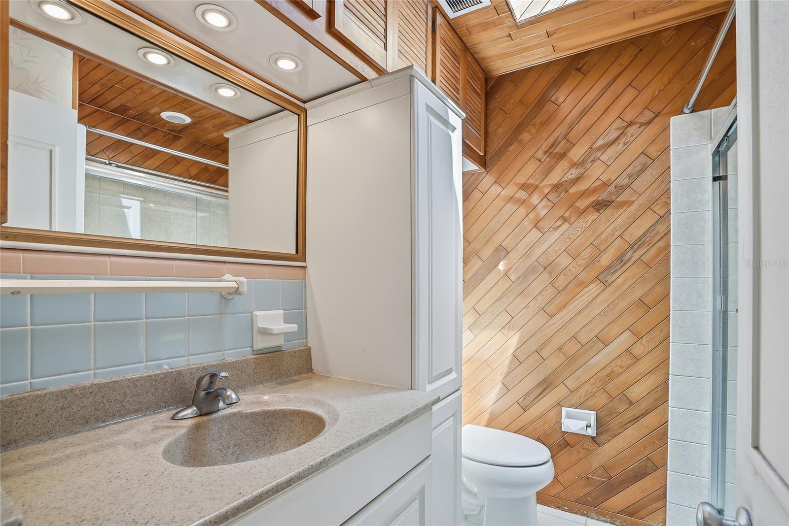 Bathroom with skylight and stylish wood accent wall.