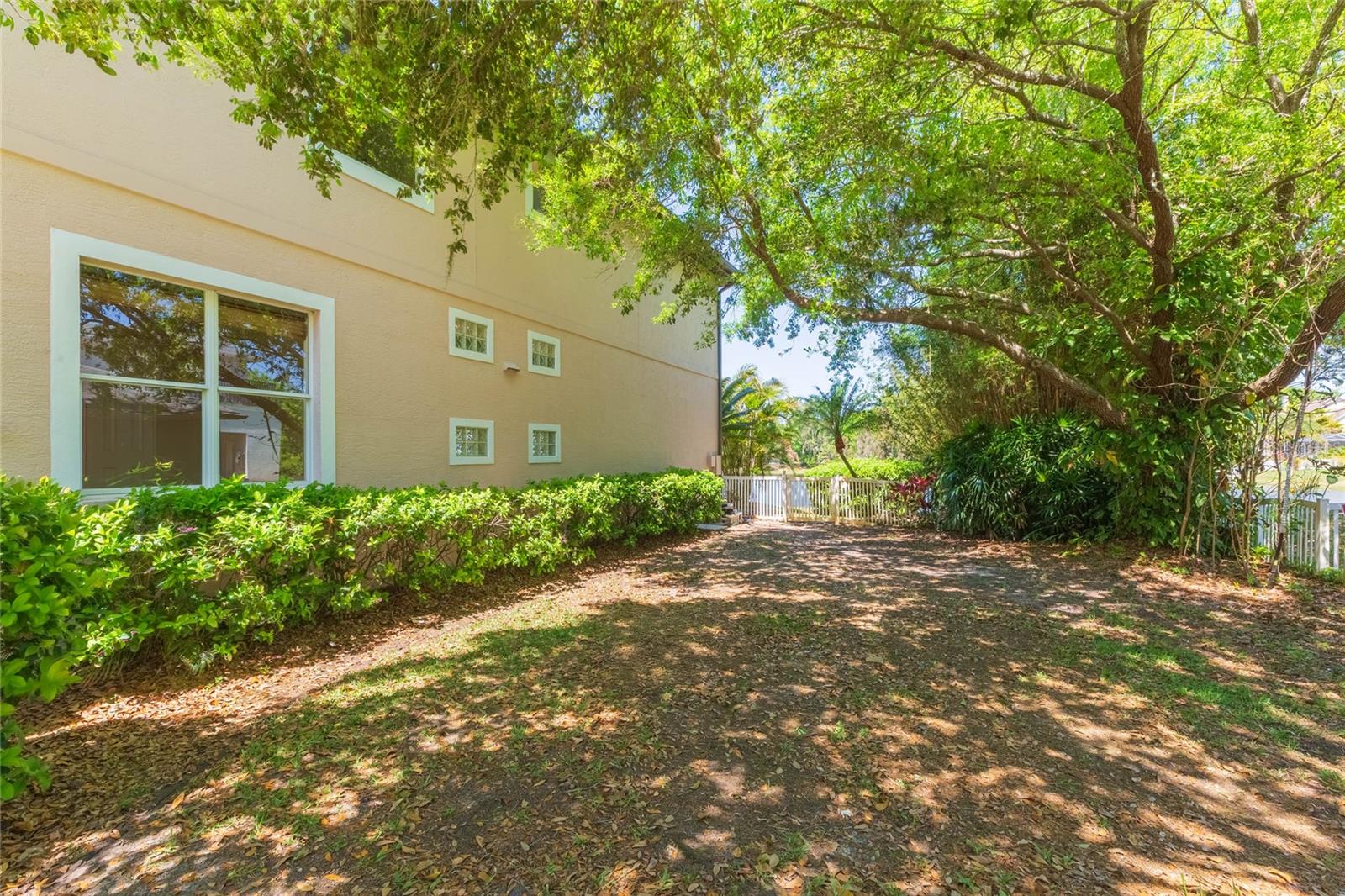 Shaded side yard for swingsets and gardens