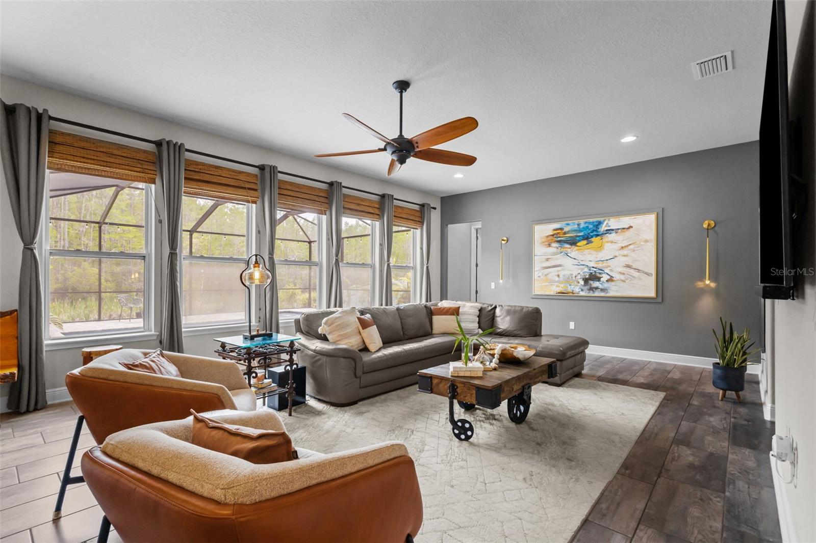 Spacious great room filled with natural light and views of the backyard.