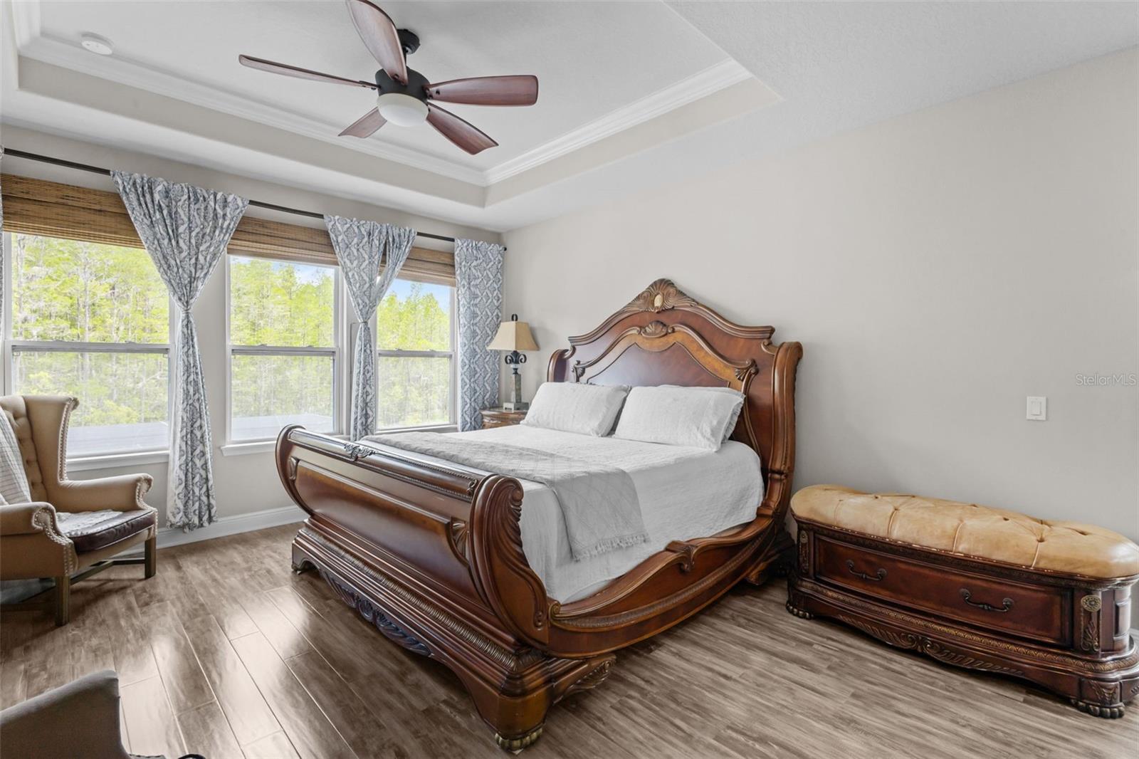 Spacious primary suite with tray ceiling and peaceful conservation views.