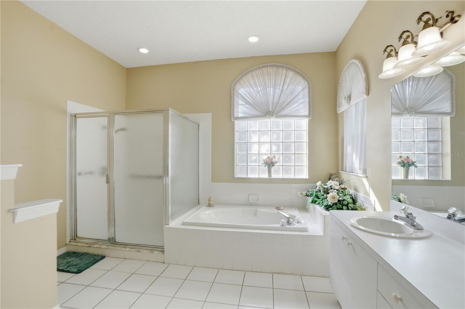 Primary bathroom with shower, large bathtub and double sink.