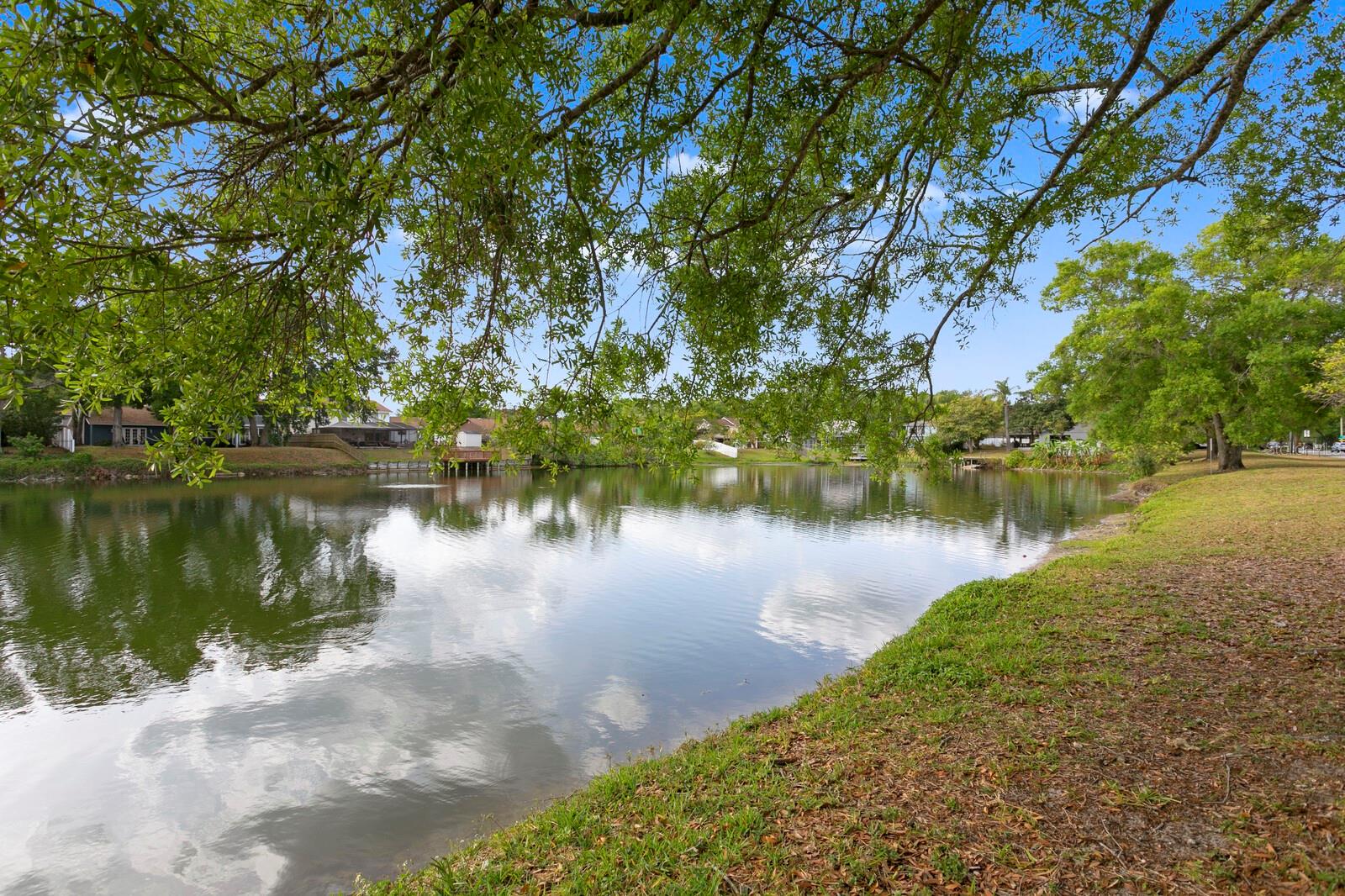 Try your luck fishing in the community lake