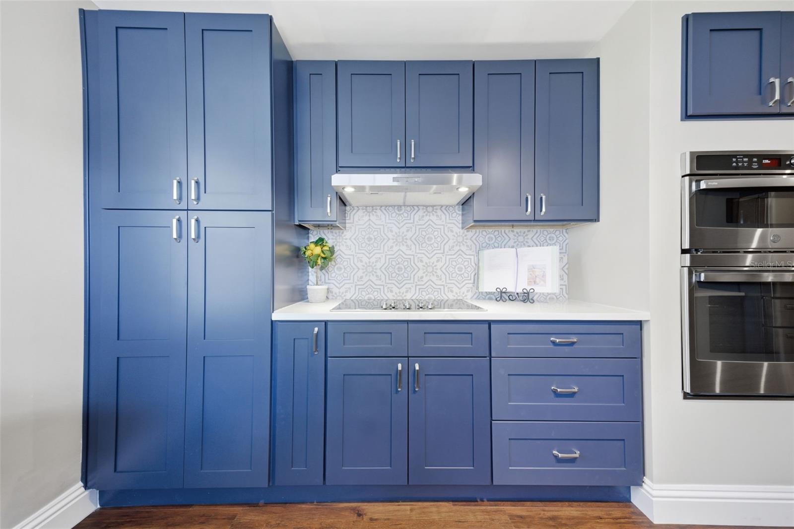 Kitchen with all new solid wood cabinets and pantry with pull out drawers.