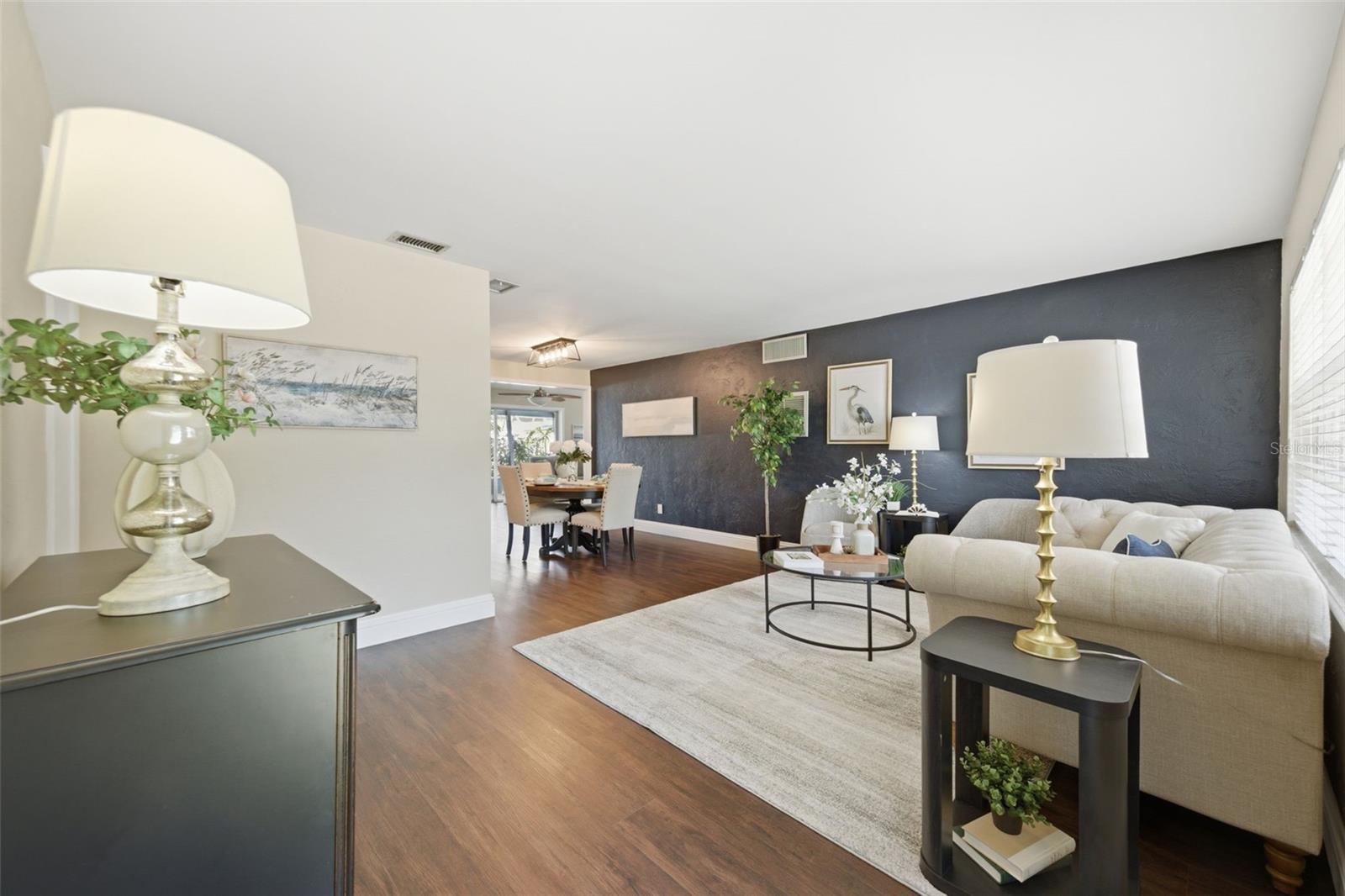 View from front door into living room/dining room combo.