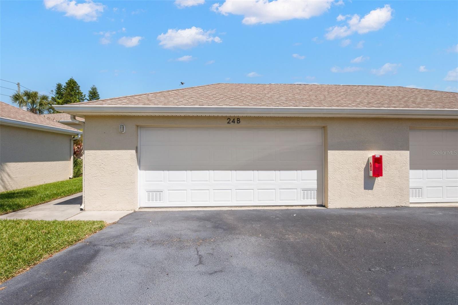Front view of the detached two car garage.