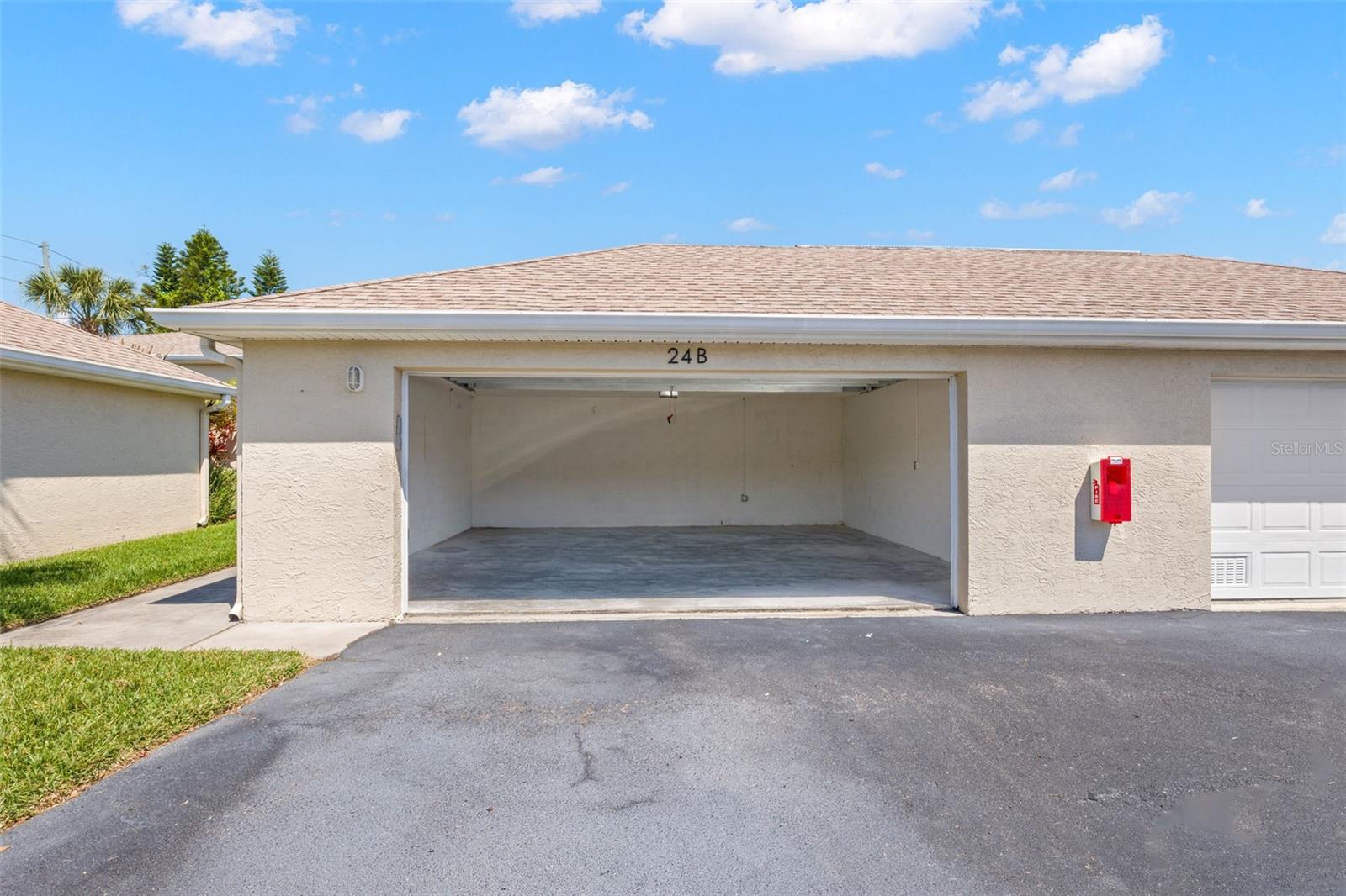 Front view of the detached two car garage.