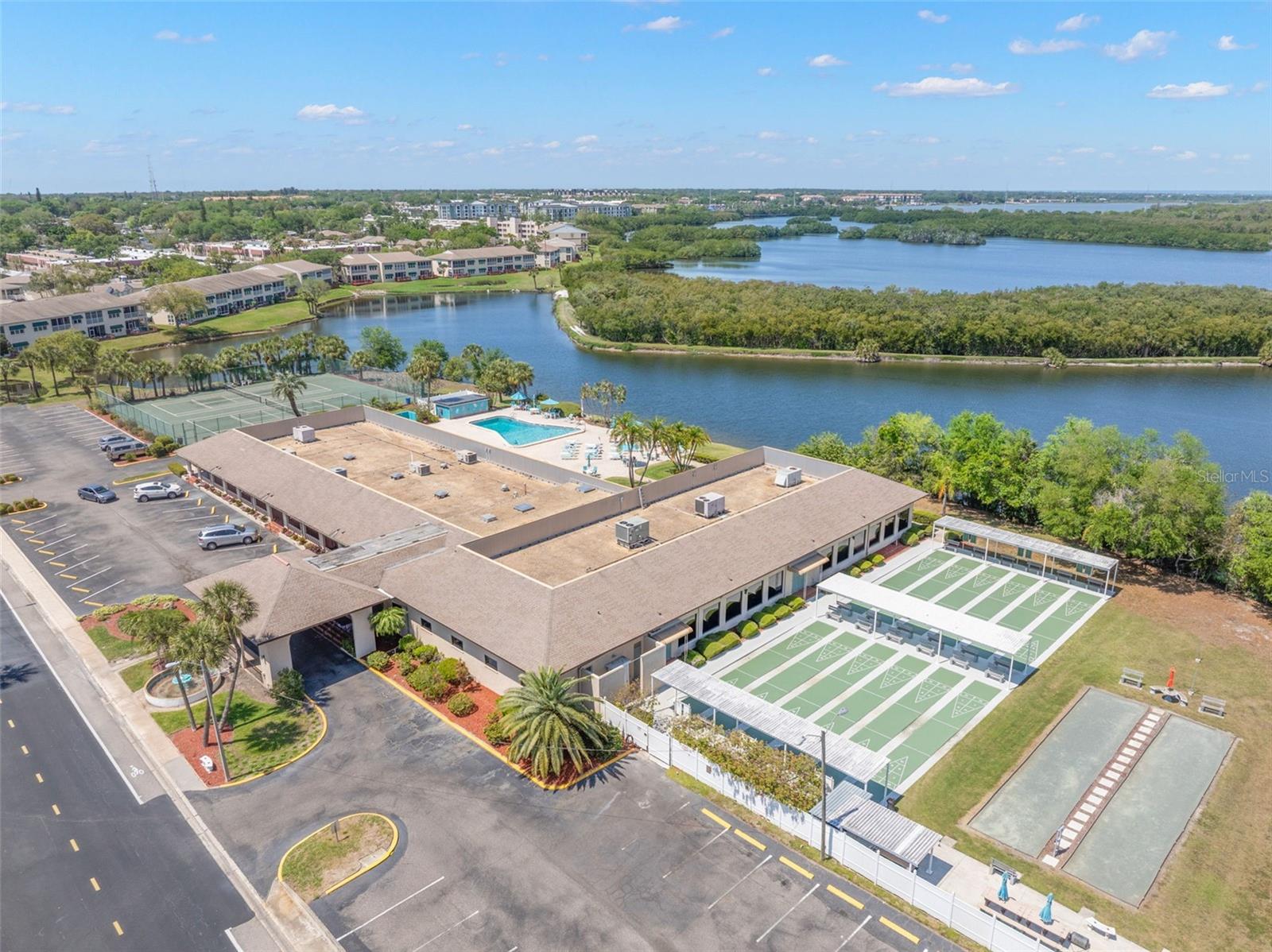Aerial view of the clubhouse and community center.