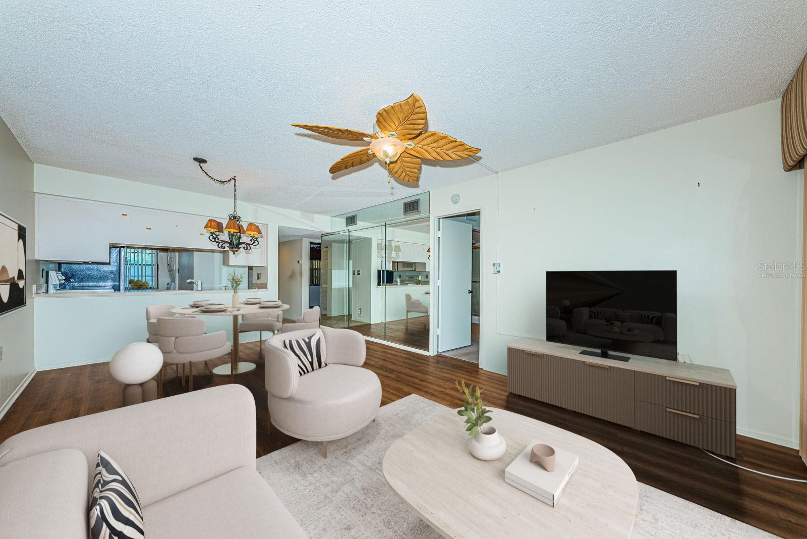 Virtually staged, living and dining area- open floorplan