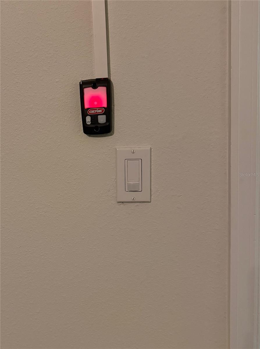When you walk into the garage, the motion switch turns on the light for you!  So smart!  The black device is the new garage opener.