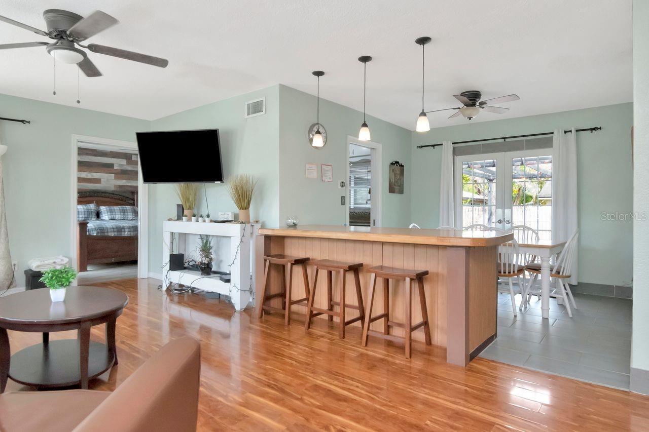 Living room leads into dining space