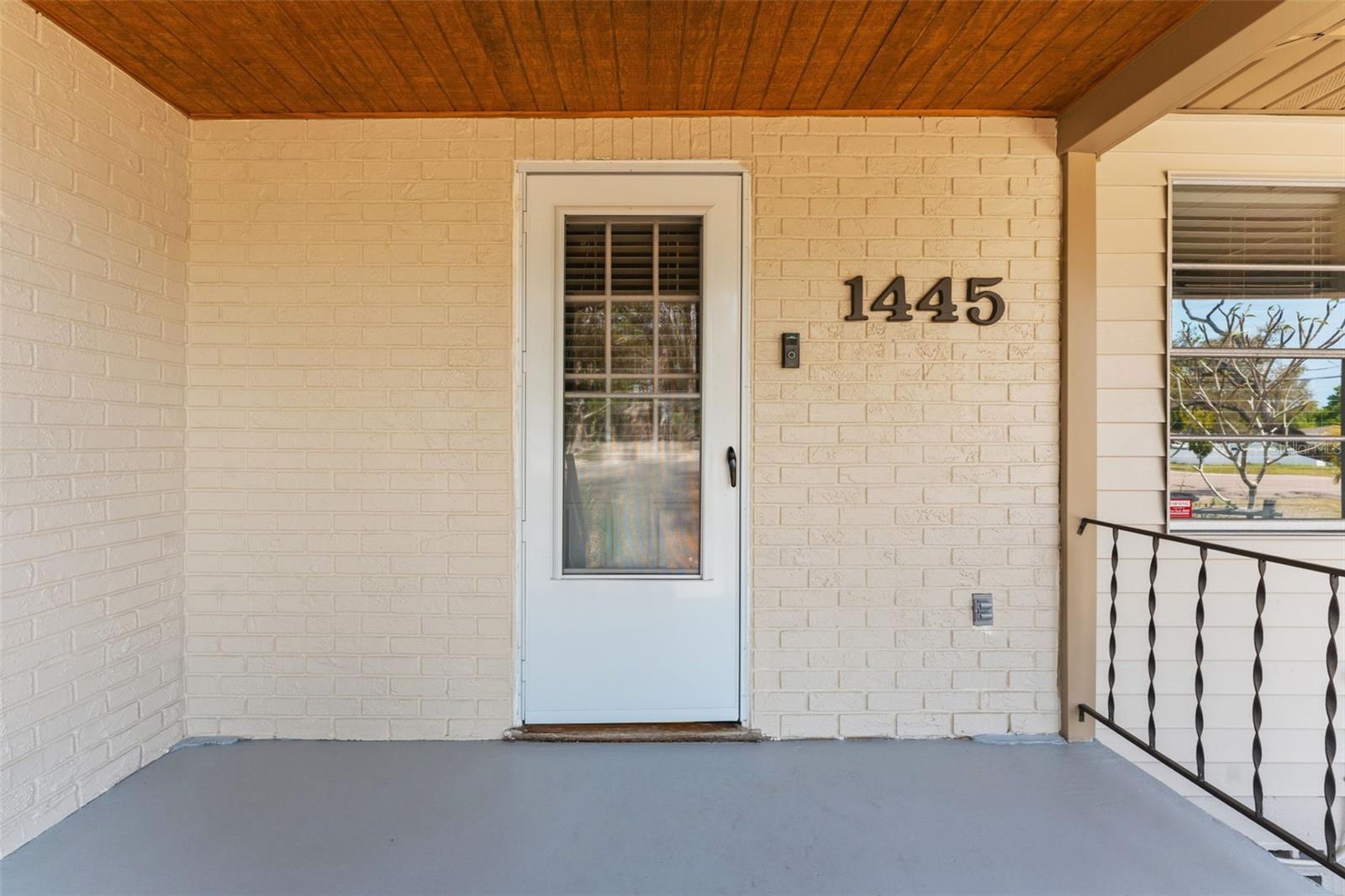 Front porch with tongue and groove wood ceiling