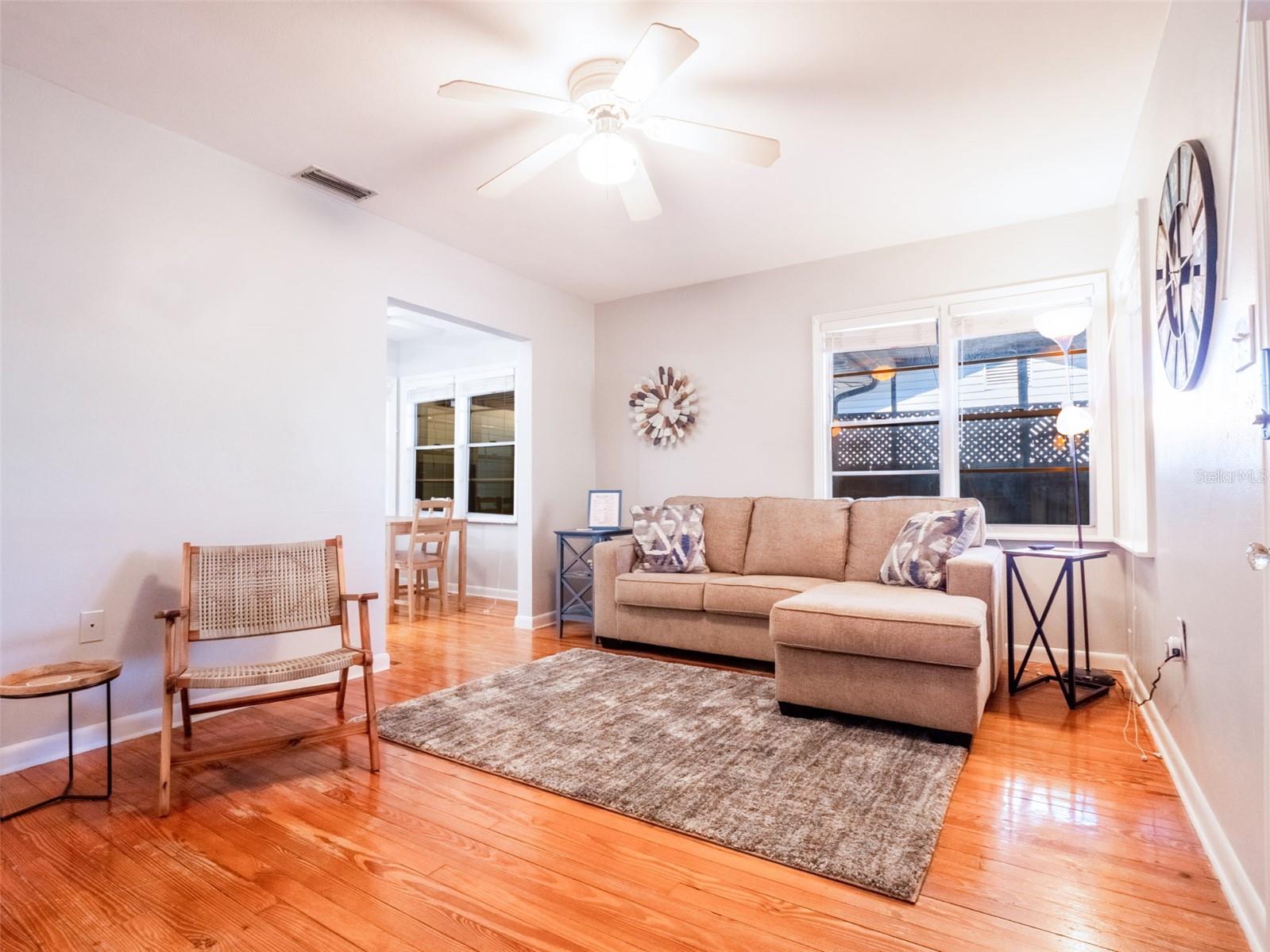 Upon entering the home, the living room is light and bright