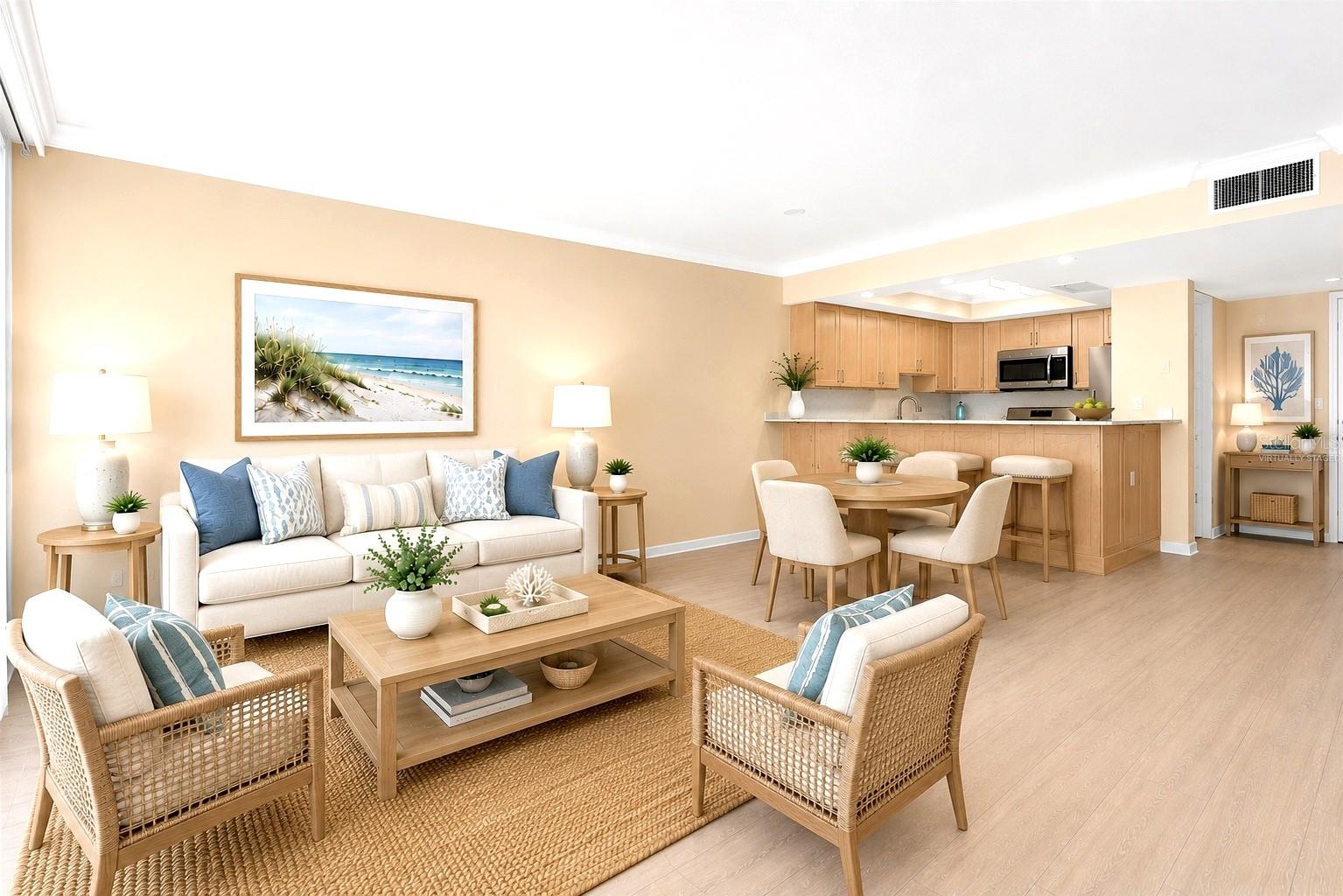 Living area through  kitchen virtually staged