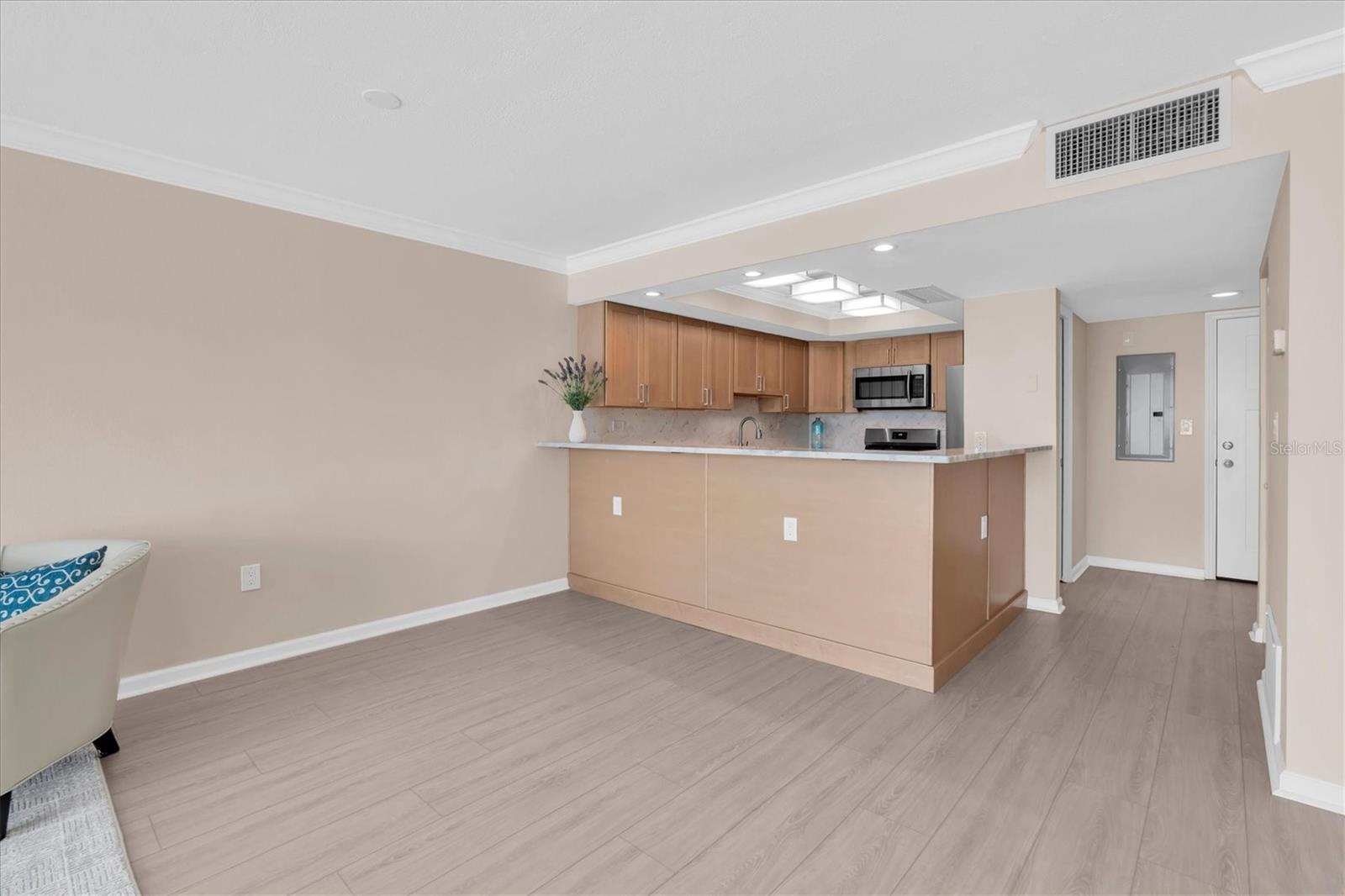 Living area through kitchen