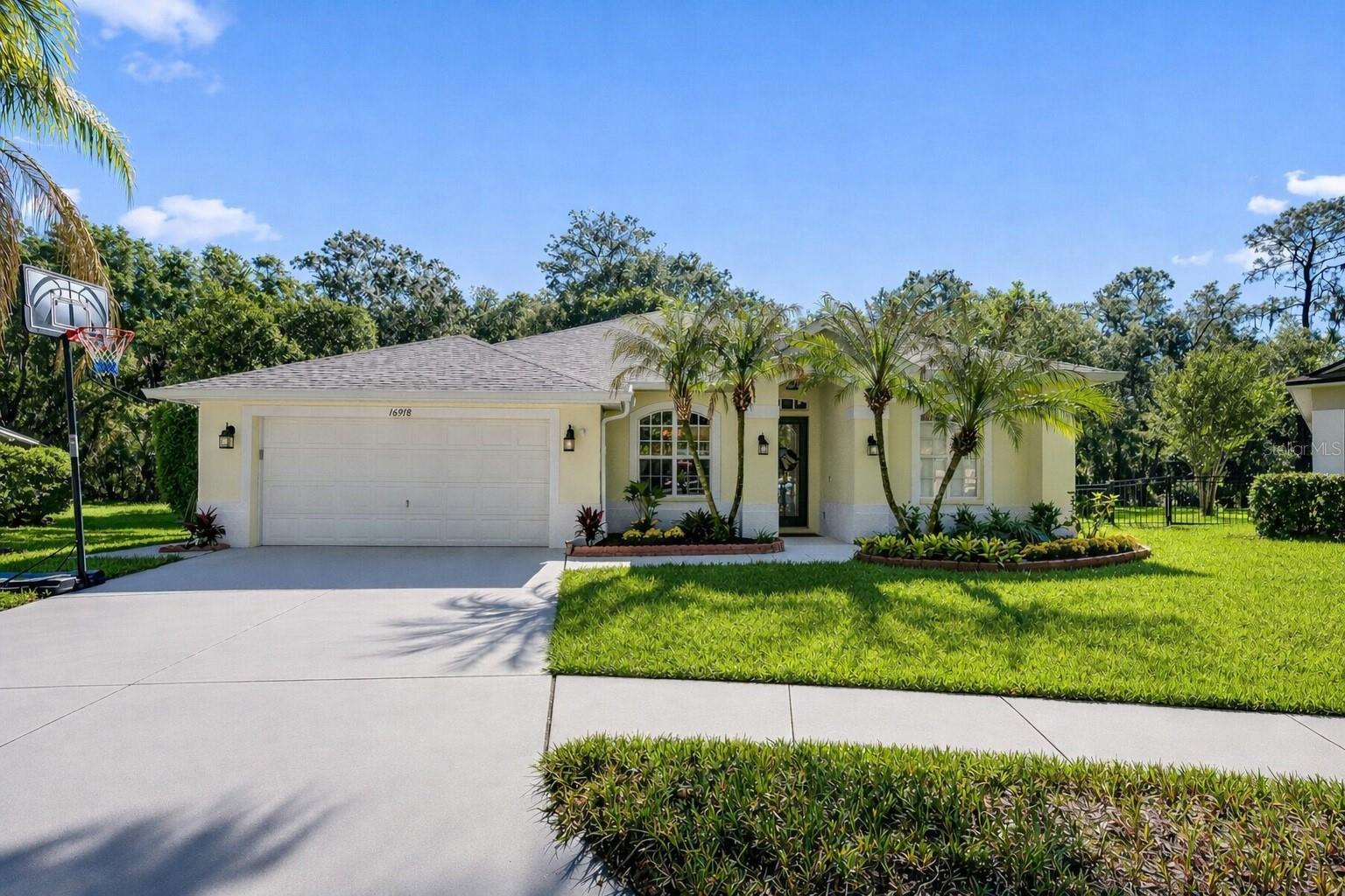 Expansive homesite framed by mature landscaping and a welcoming front elevation