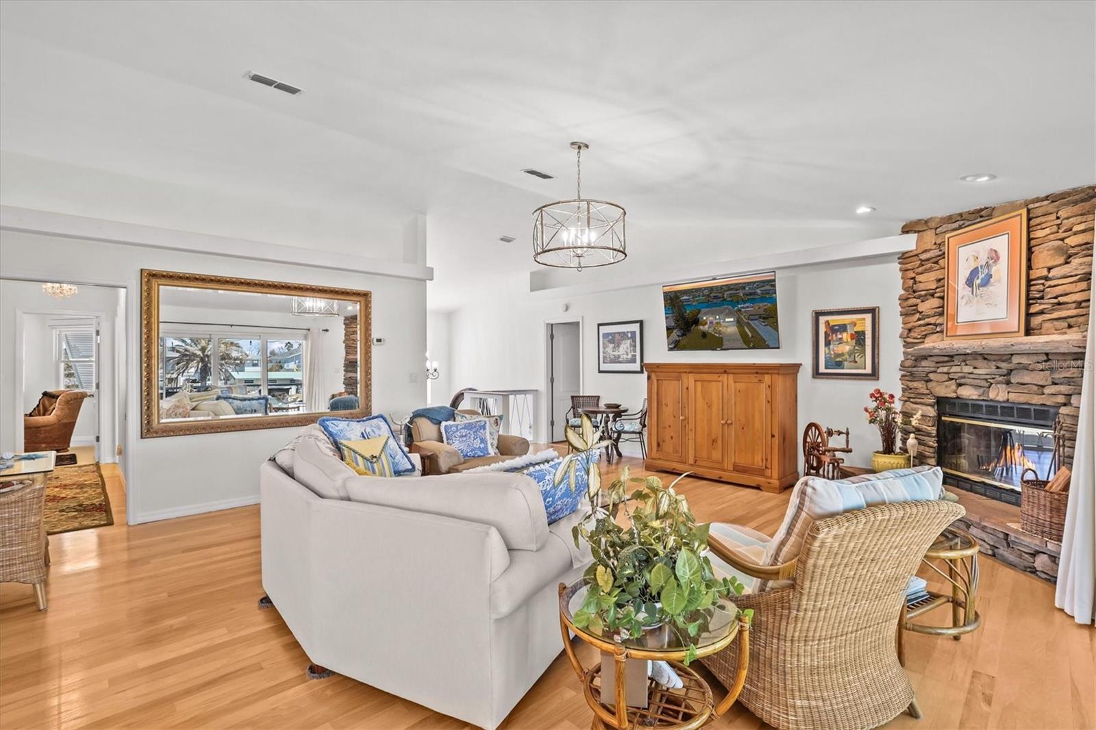 Open Living Room with Stone Fireplace