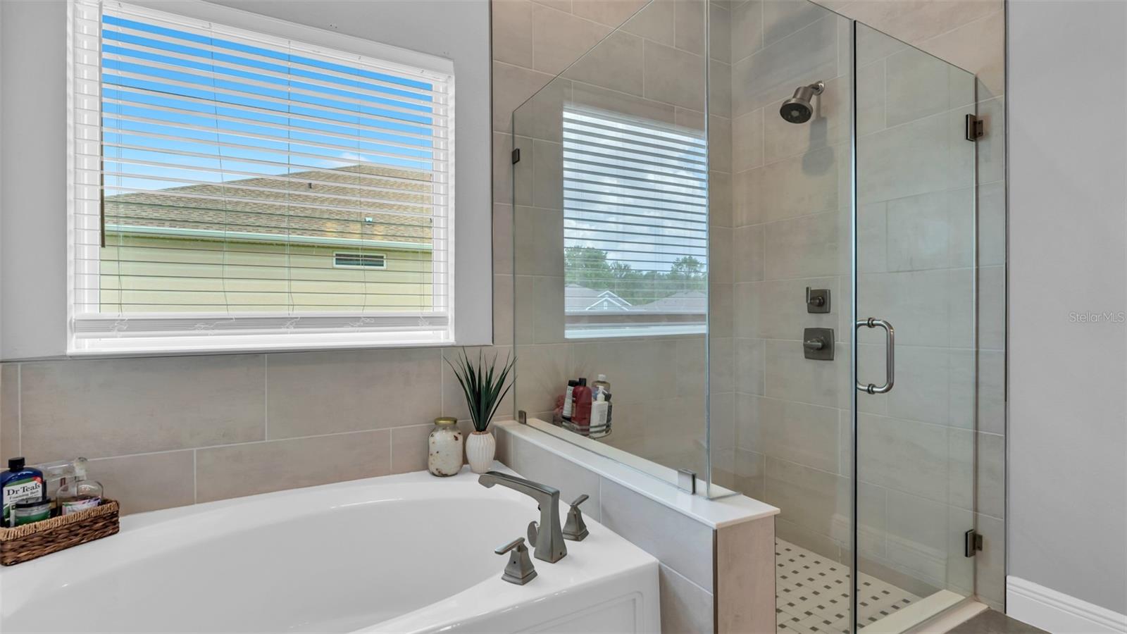 Nice soaking tub in master bathroom with separate shower.