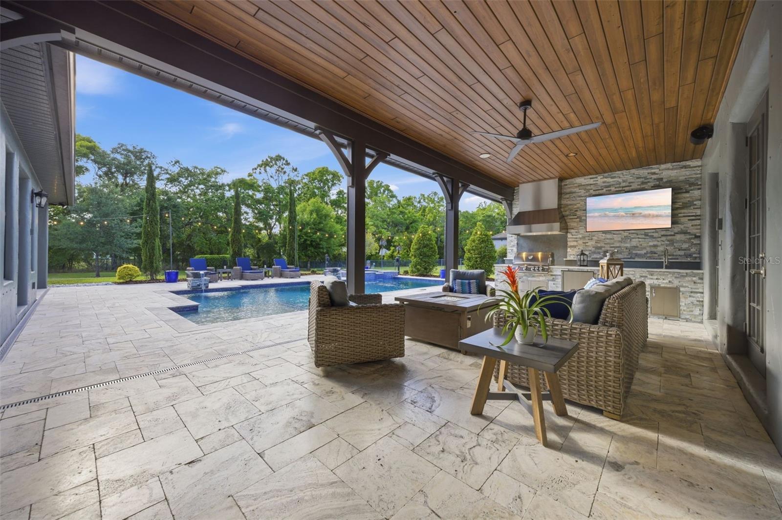 Lanai, Wood Plank Ceiling, TV, Outdoor Kitchen