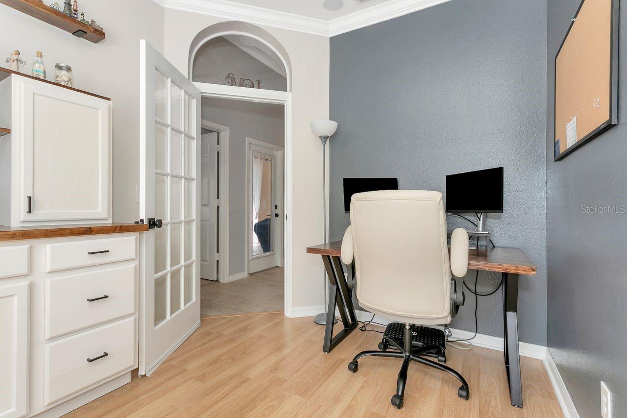 Den next to Pool Bath & Pool Access Door - Den/Flex Space with custom French Door, Window, Custom Built-In Cabinetry, Ship Lap Accents and more.