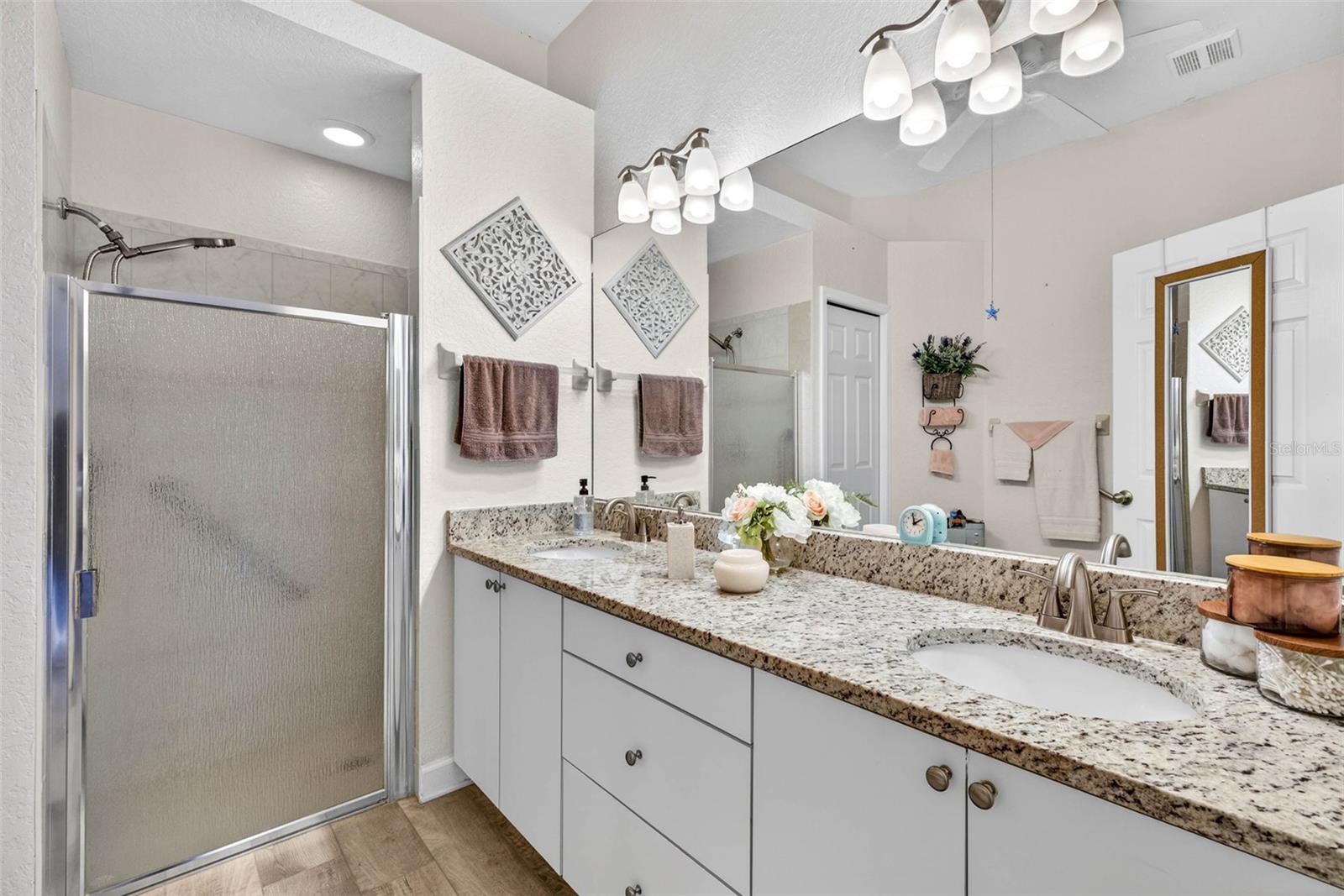 Primary Bathroom, Dual Vanities and shower