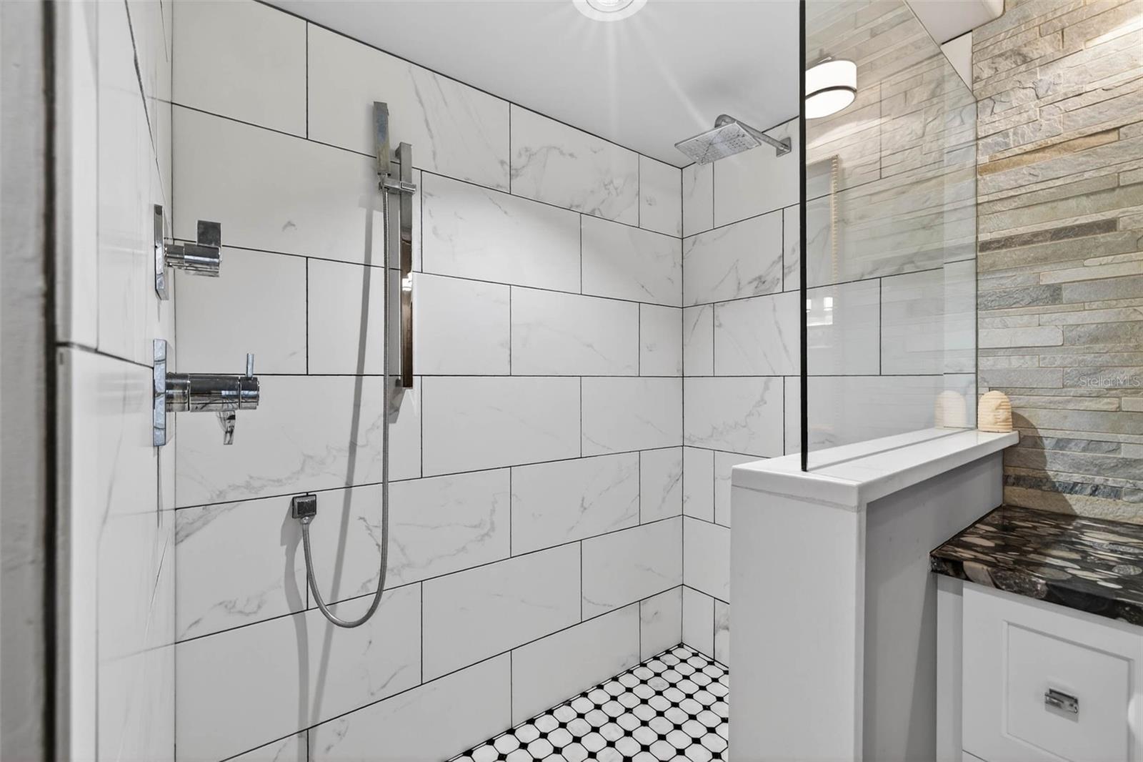 Walk-In Shower with Rainfall Shower-Head and Handheld Wand