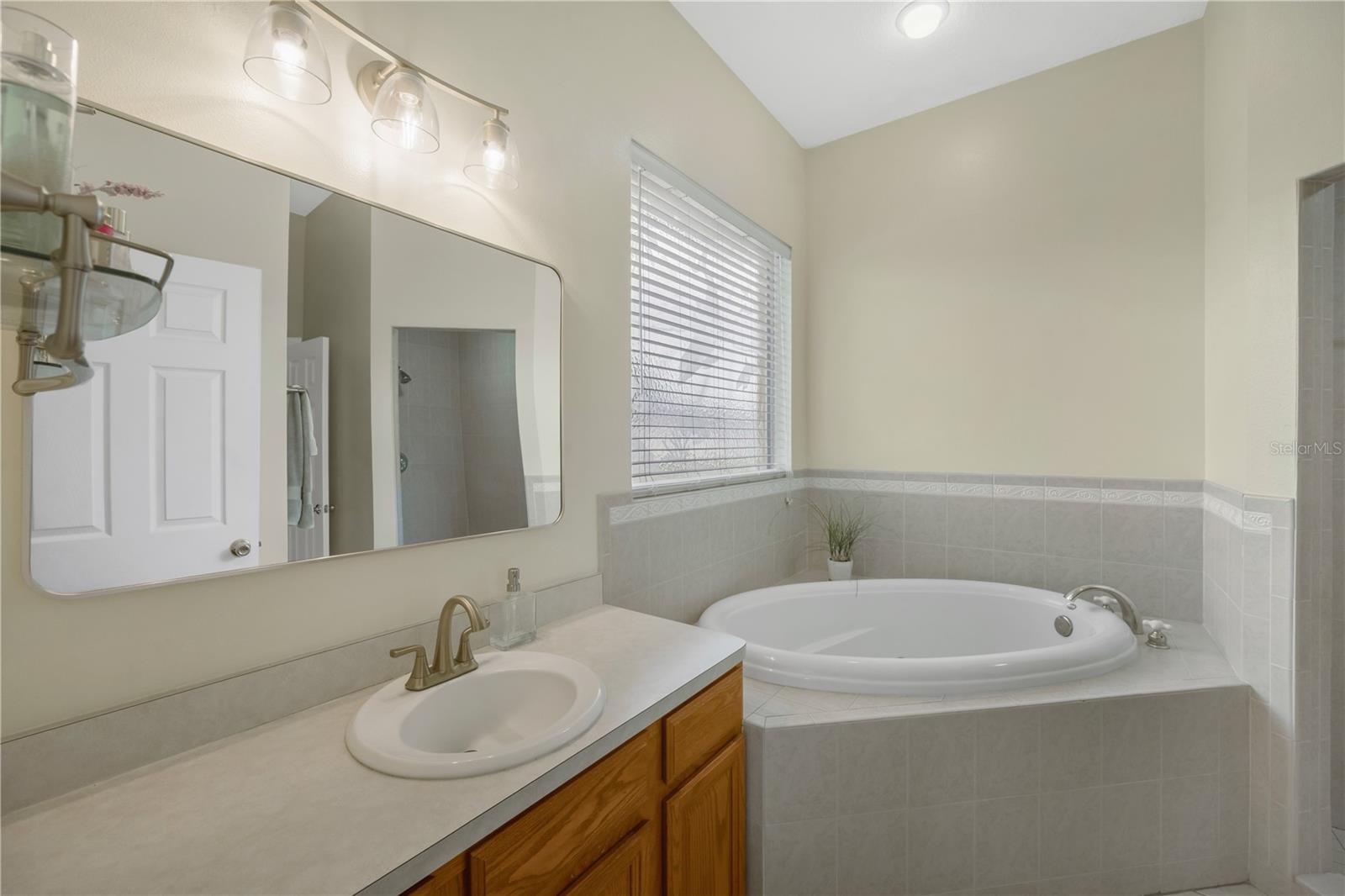 Primary en-suite has a jetted garden tub, separate shower, single sink vanity and a spacious walk-in closet.