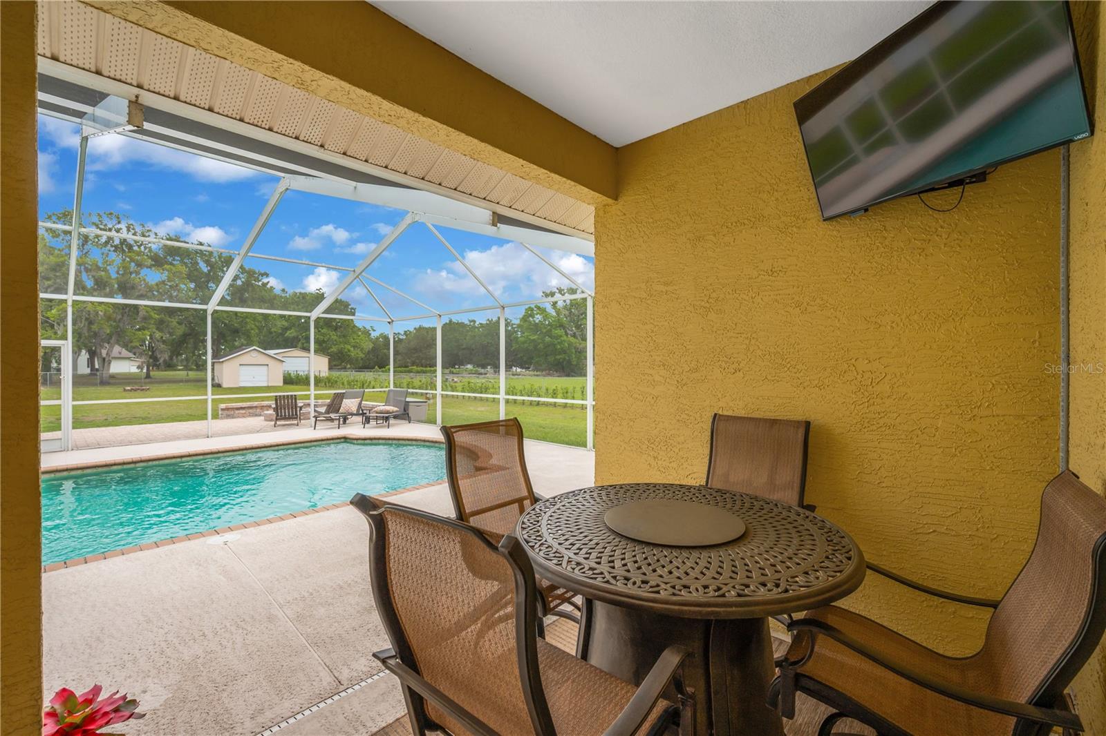 The backyard is designed for enjoying the Florida outdoors. TV on pool deck does not convey to buyer.