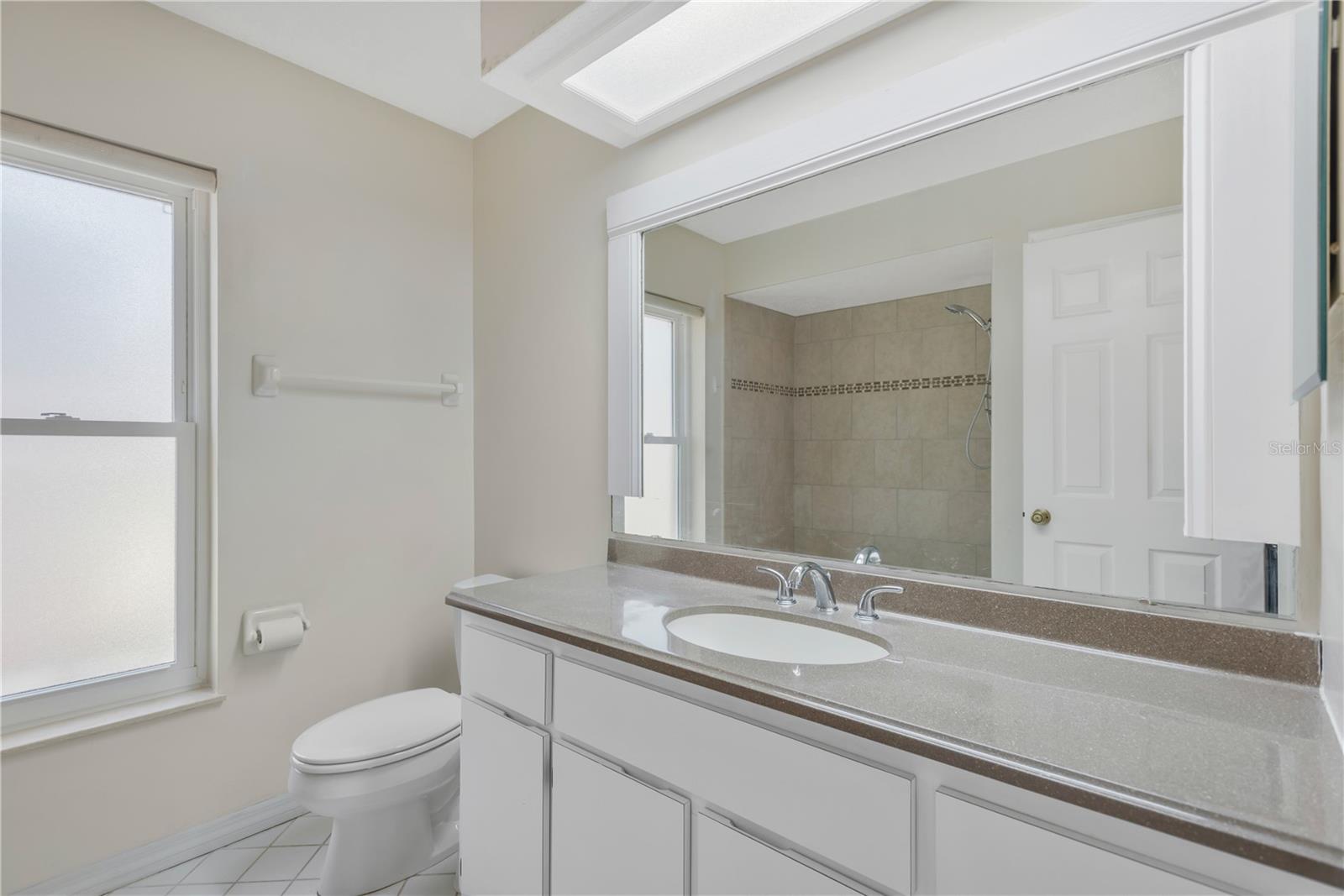 Guest bath vanity with abundance of storage cabinets.