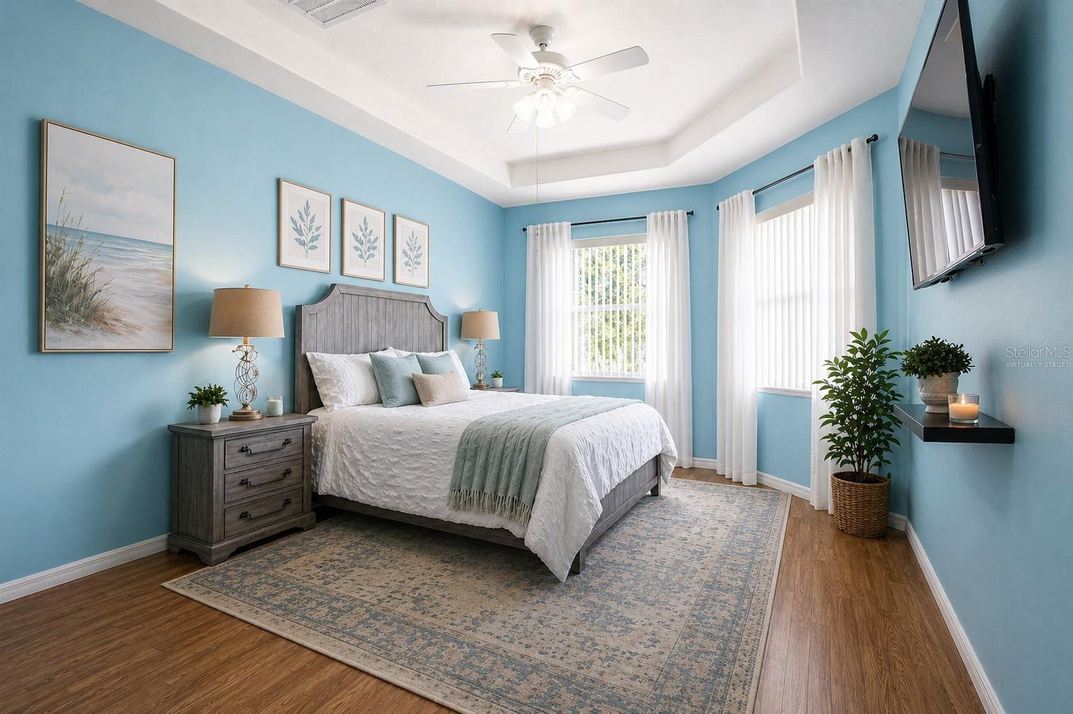 Virtually staged primary bedroom.