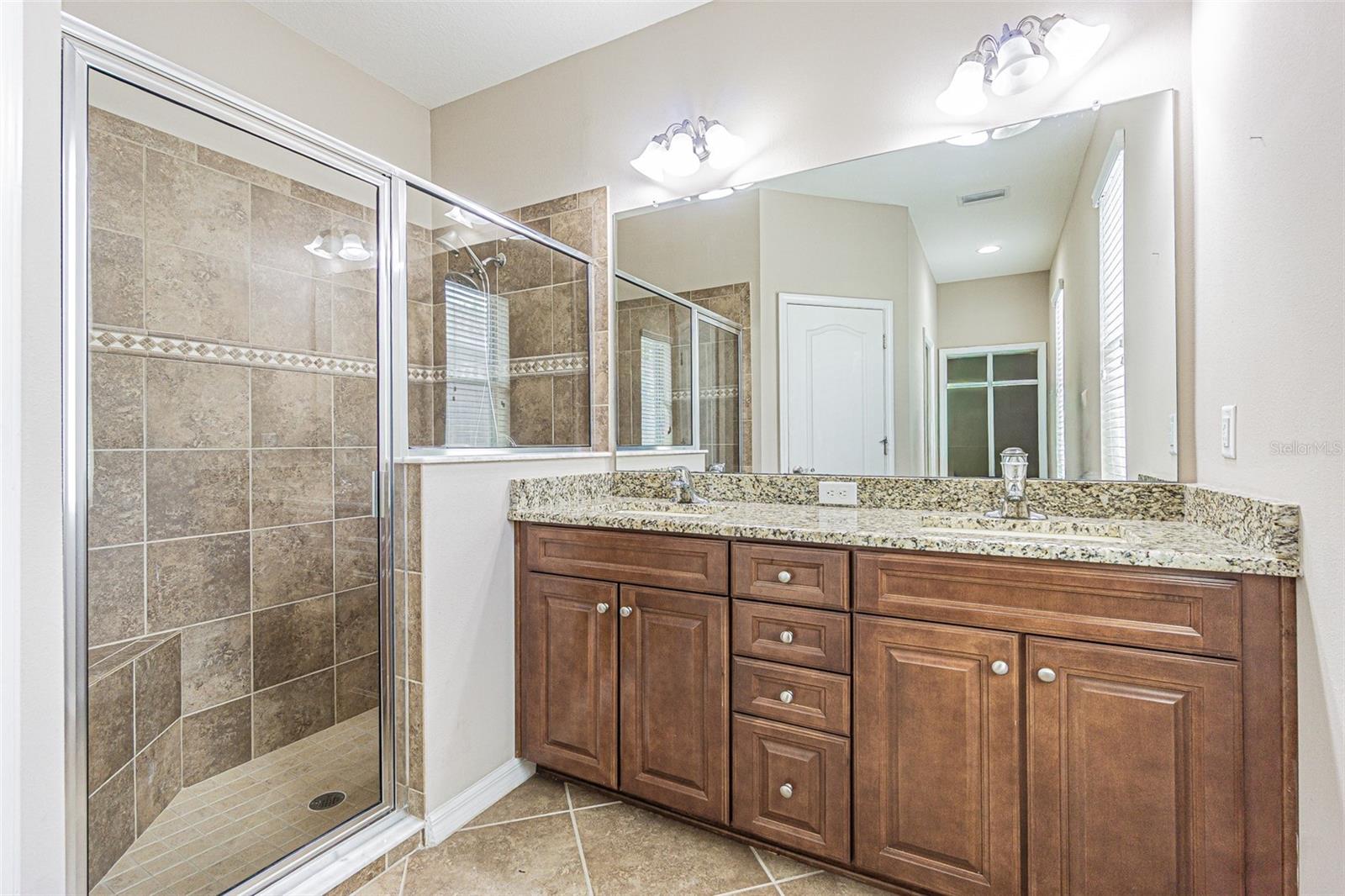 Beautiful Primary Bathroom with custom walk-in shower, dual higher vanity with granite.