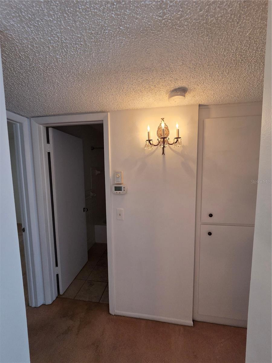 View from Living room as you enter towards bedrooms- split plan and bathroom door in view