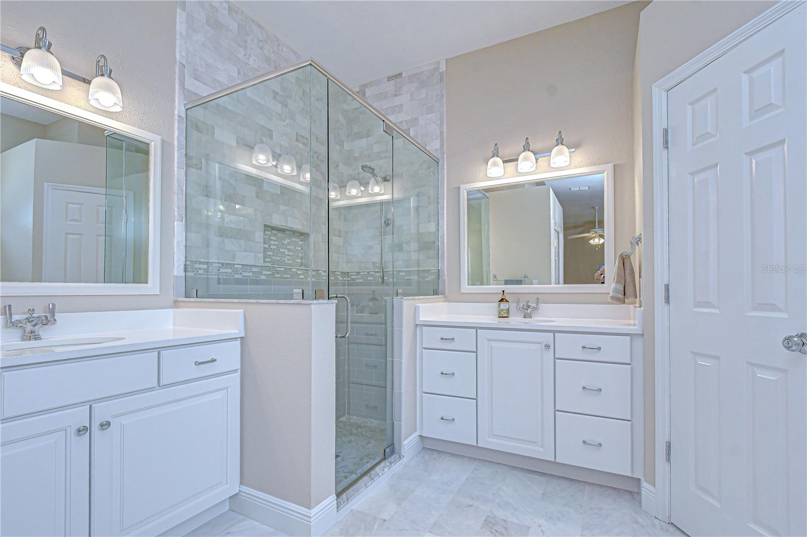 Double sink vanity for added convenience.