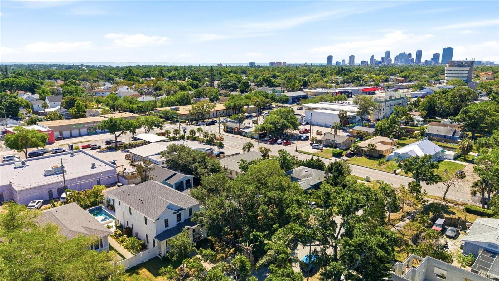 Aerial perspective with nearby commercial and dining options