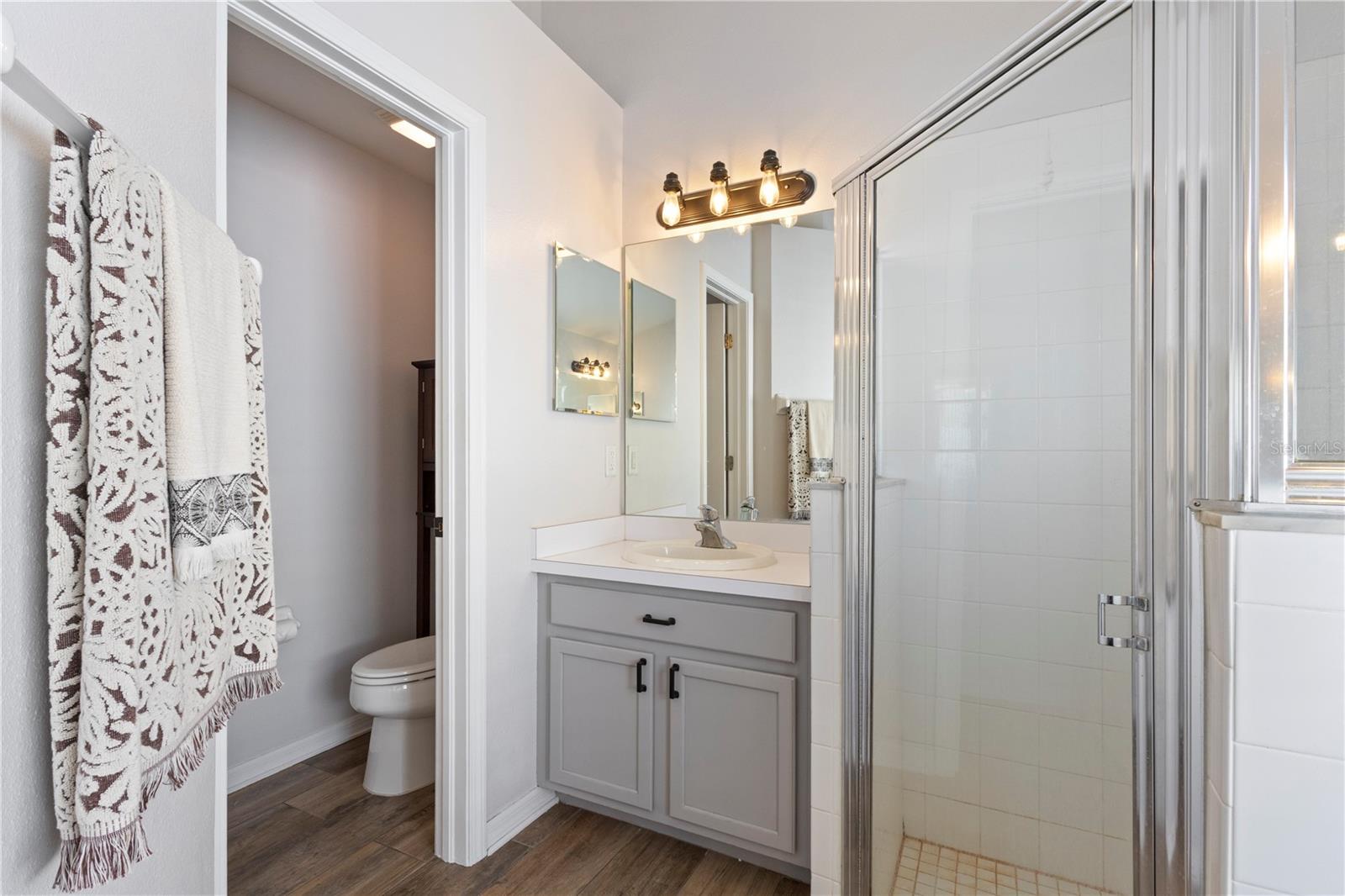 Clean and bright bathroom featuring a gray vanity with white countertop and sink, large framed mirror with modern vanity light, glass-enclosed shower, and convenient access to a separate toilet area.1.7sFast