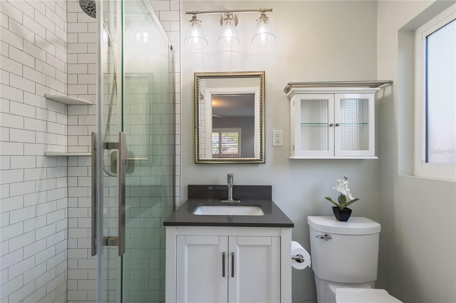 Master bath newly modernized with all new fixtures, countertops, lighting and floors.