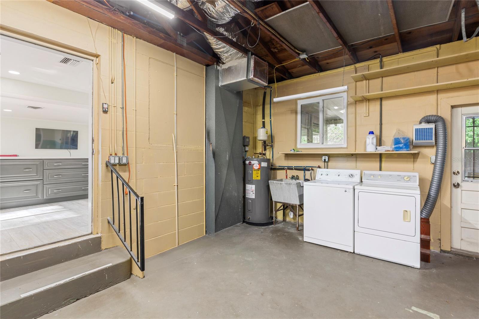 Huge two car garage with extra storage space.