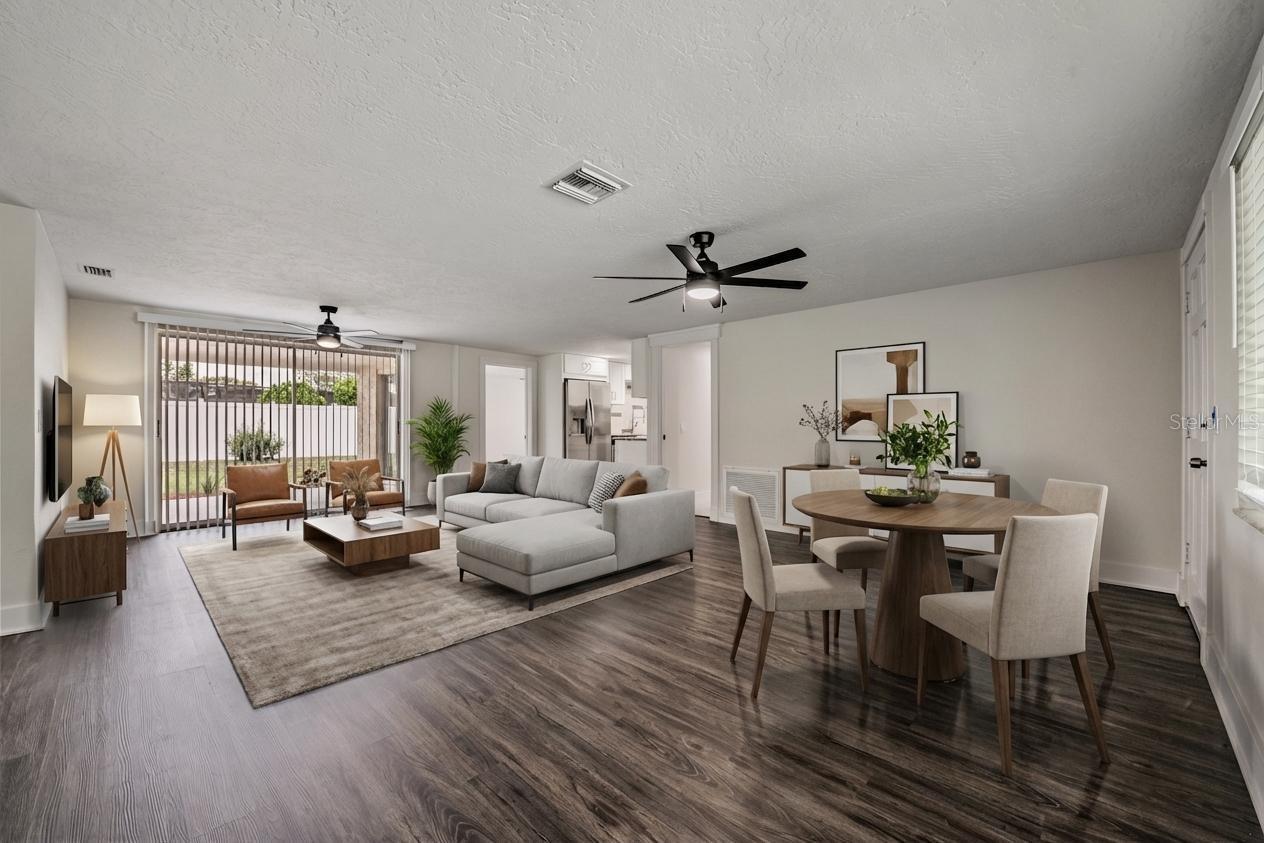 (Staged) Living Room and Dining area