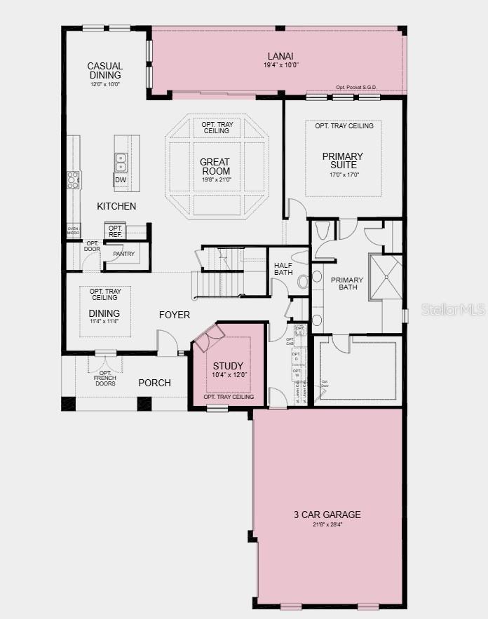 First Floor Plan - Additional Highlights Include: study in place of a flex room, extended covered lanai, 3-car garage, pocket sliding glass door in the great room, tray ceiling package, oak stair treads and painted risers, and 8' interior doors