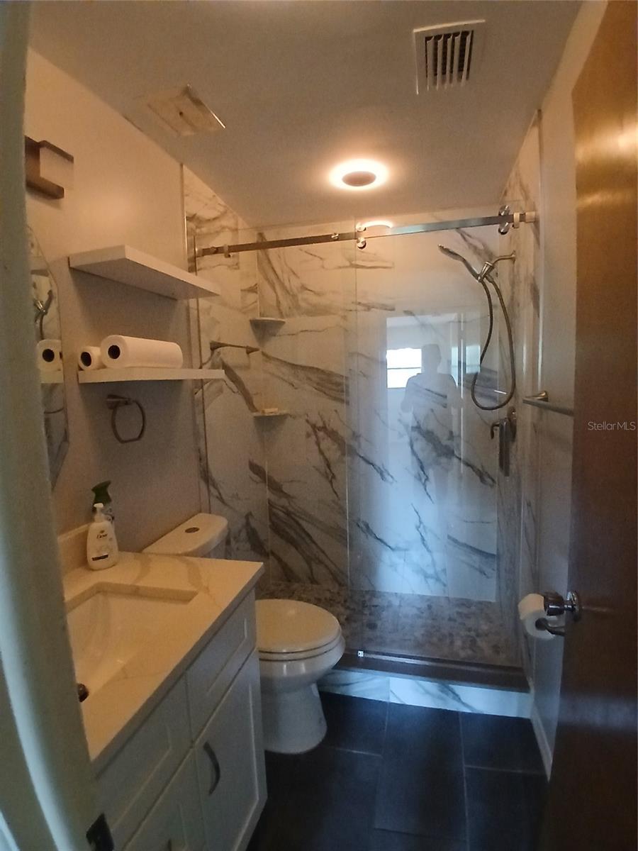 Bathroom entrance showing the new shower, toilet and vanity with sink.